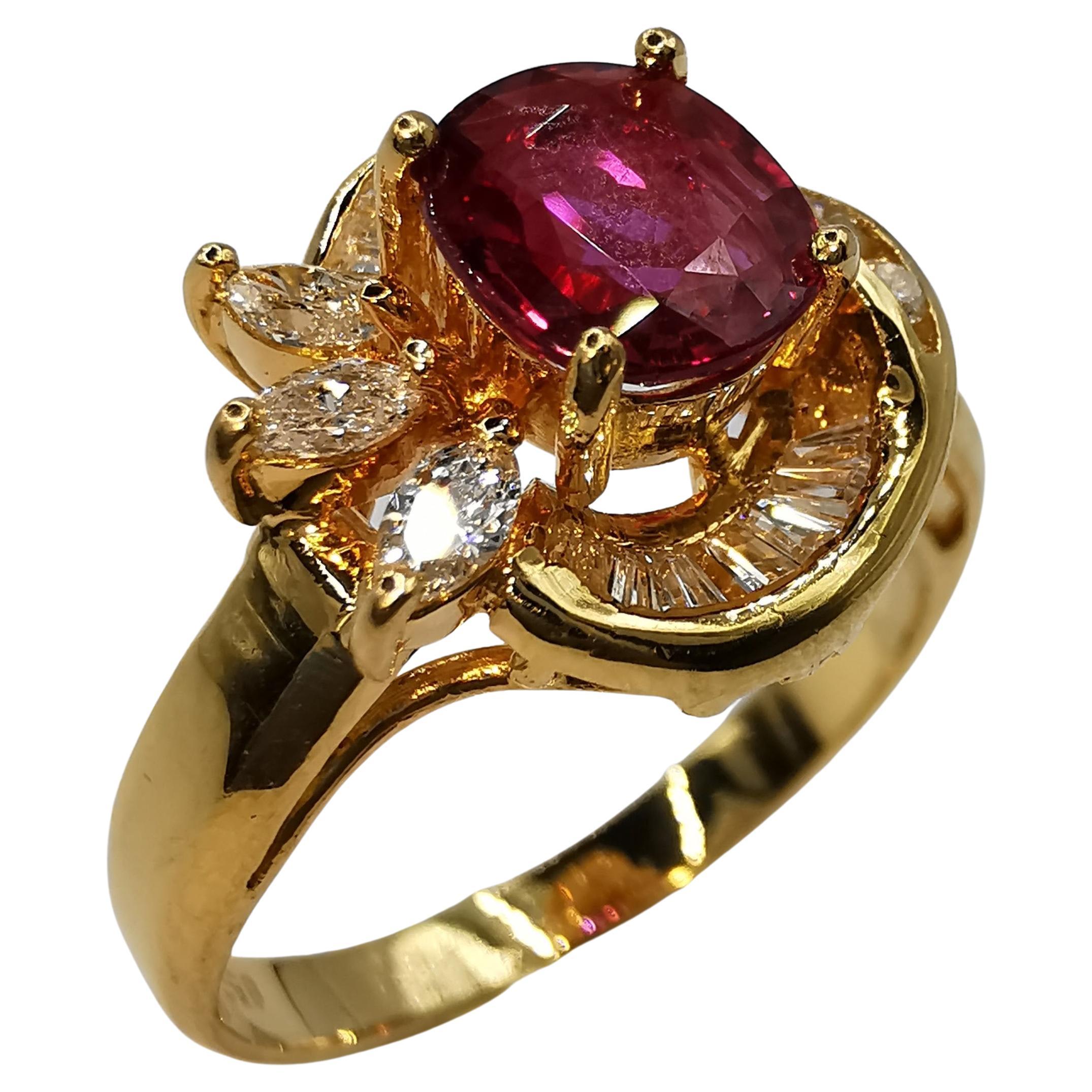 Vintage Vivid Red Oval Cut Ruby & Marquise Diamond Ring in Yellow Gold