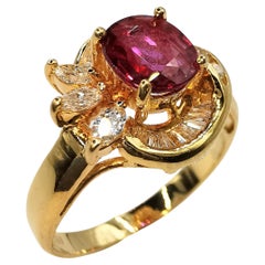 Vintage Vivid Red Oval Cut Ruby & Mixed Cut Diamond Ring in 20K Yellow Gold