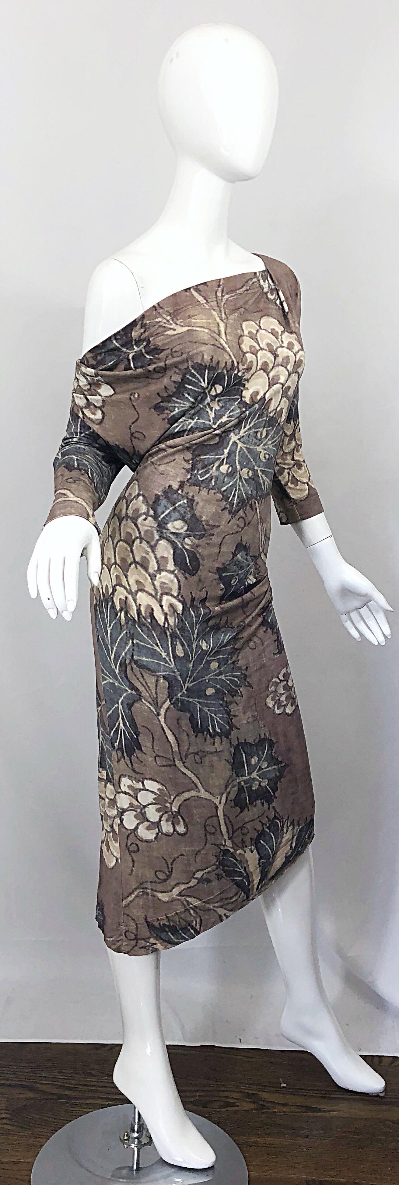 Vintage Vivienne Westwood 1990s Brown + Blue Lead Print Off - Shoulder 90s Dress 4