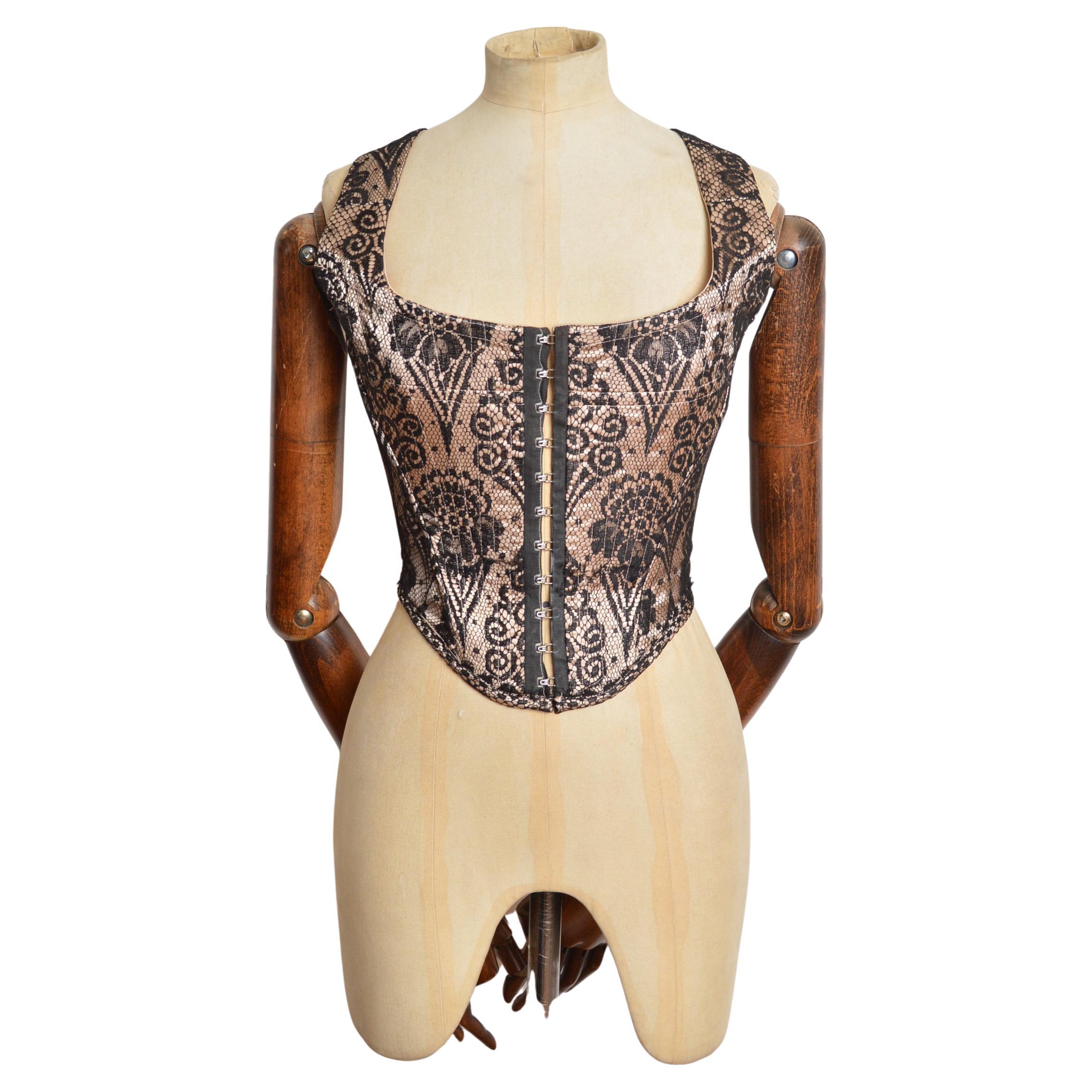 Vintage Vivienne Westwood Black Lace Nude Satin Corset - Bustier Top Circa 1990