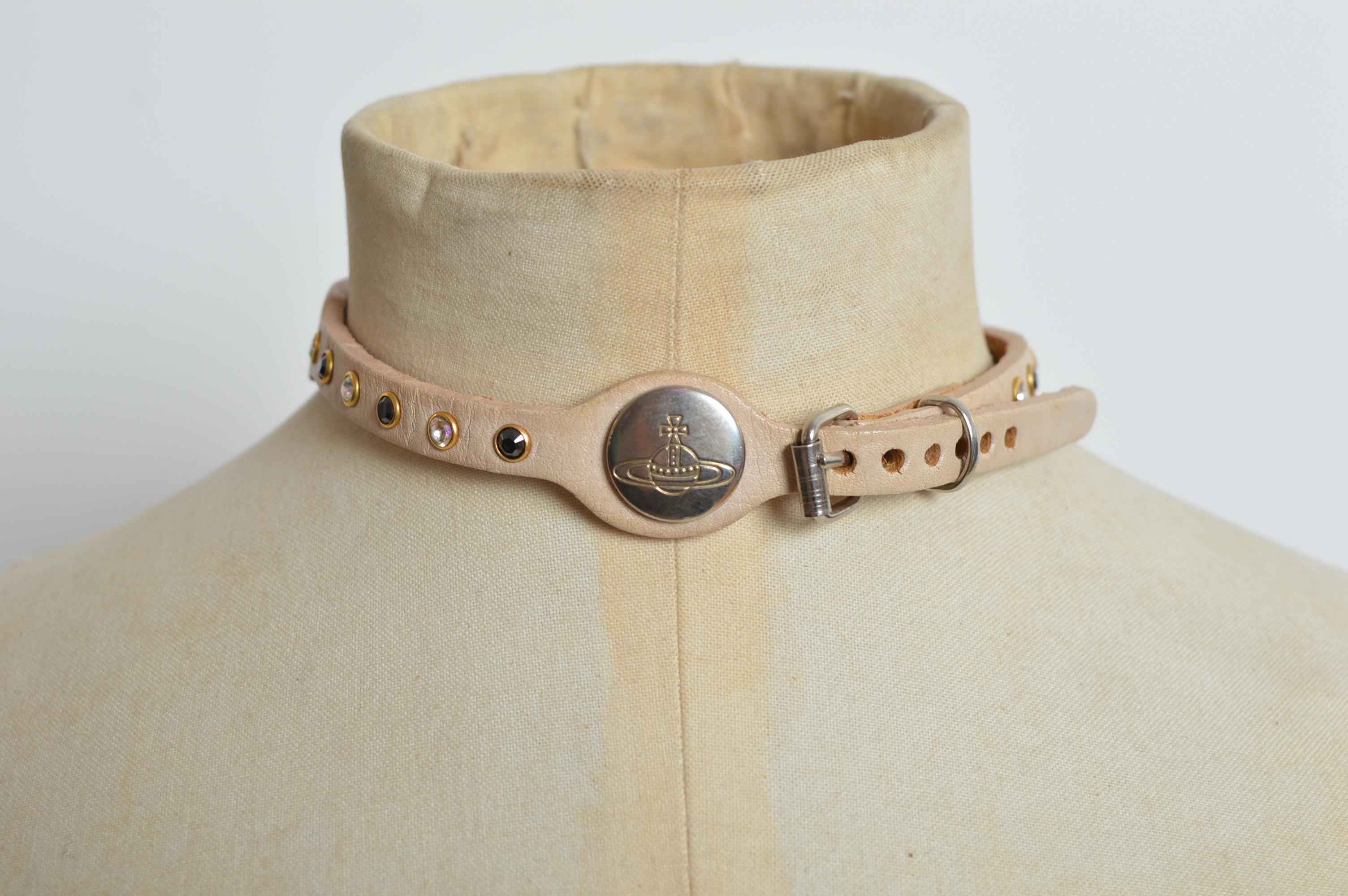 Vintage VIVIENNE WESTWOOD Tan Beige Leather & Swarovski Rhinestone Choker UNISEX 6