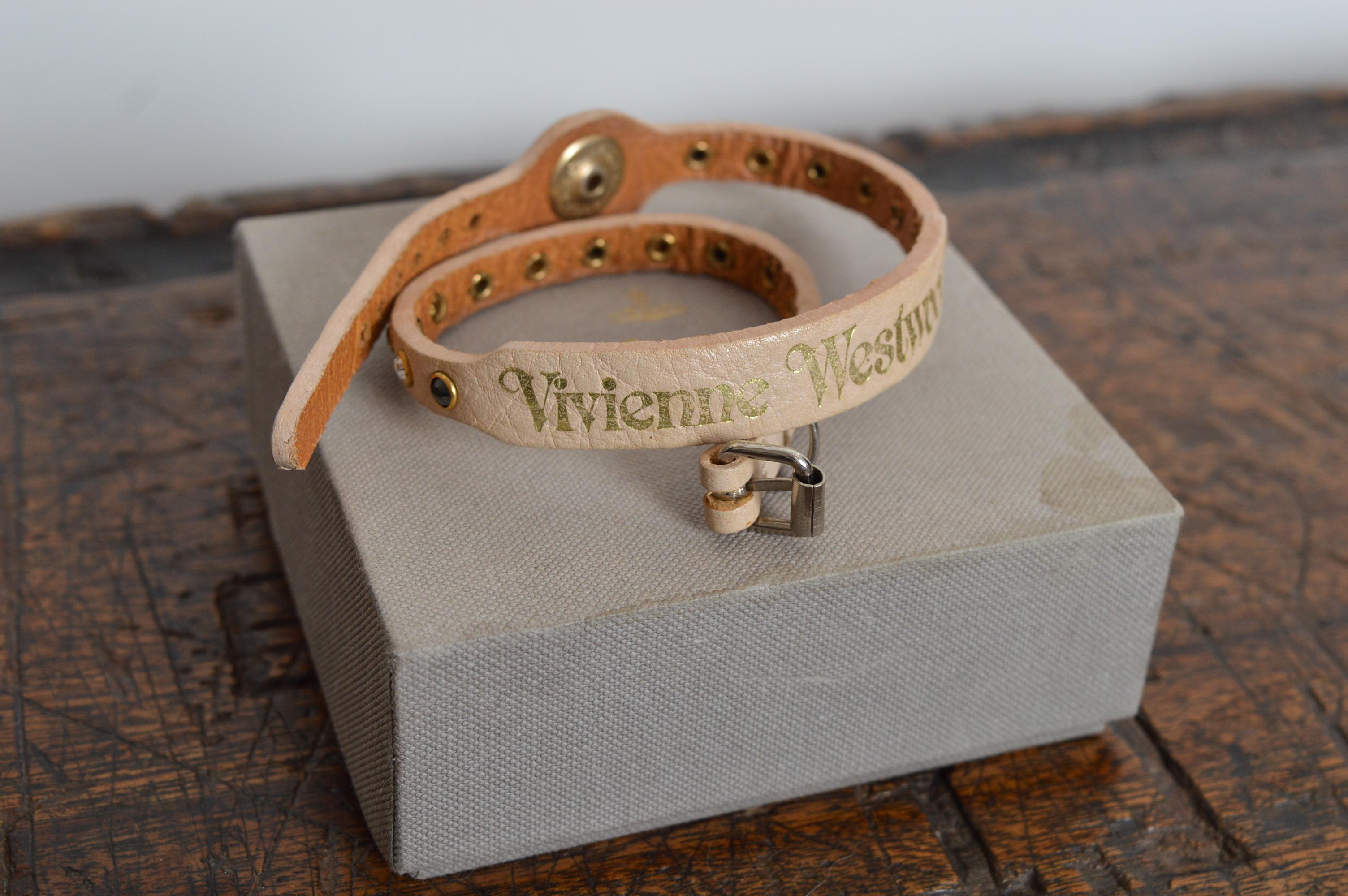 Vintage VIVIENNE WESTWOOD Tan Beige Leather & Swarovski Rhinestone Choker UNISEX 8