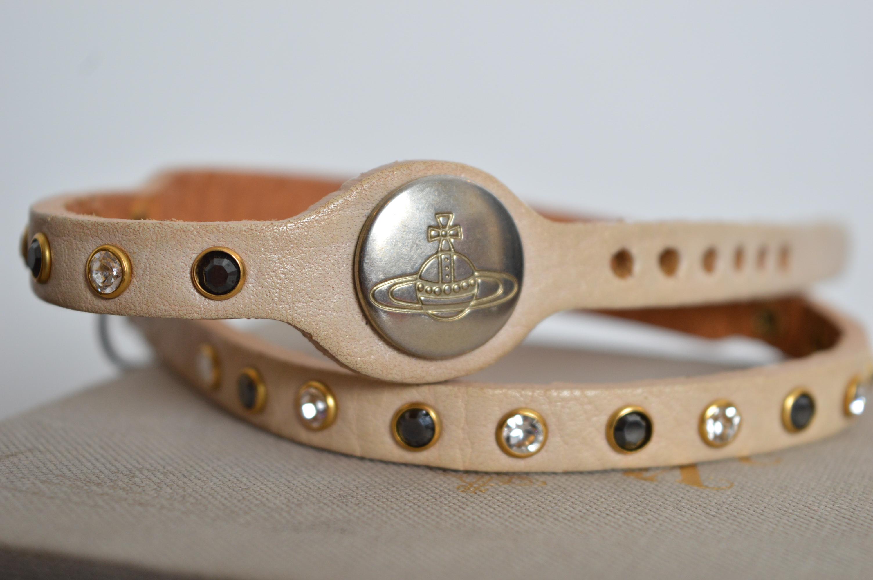 Vintage VIVIENNE WESTWOOD Tan Beige Leather & Swarovski Rhinestone Choker UNISEX 9