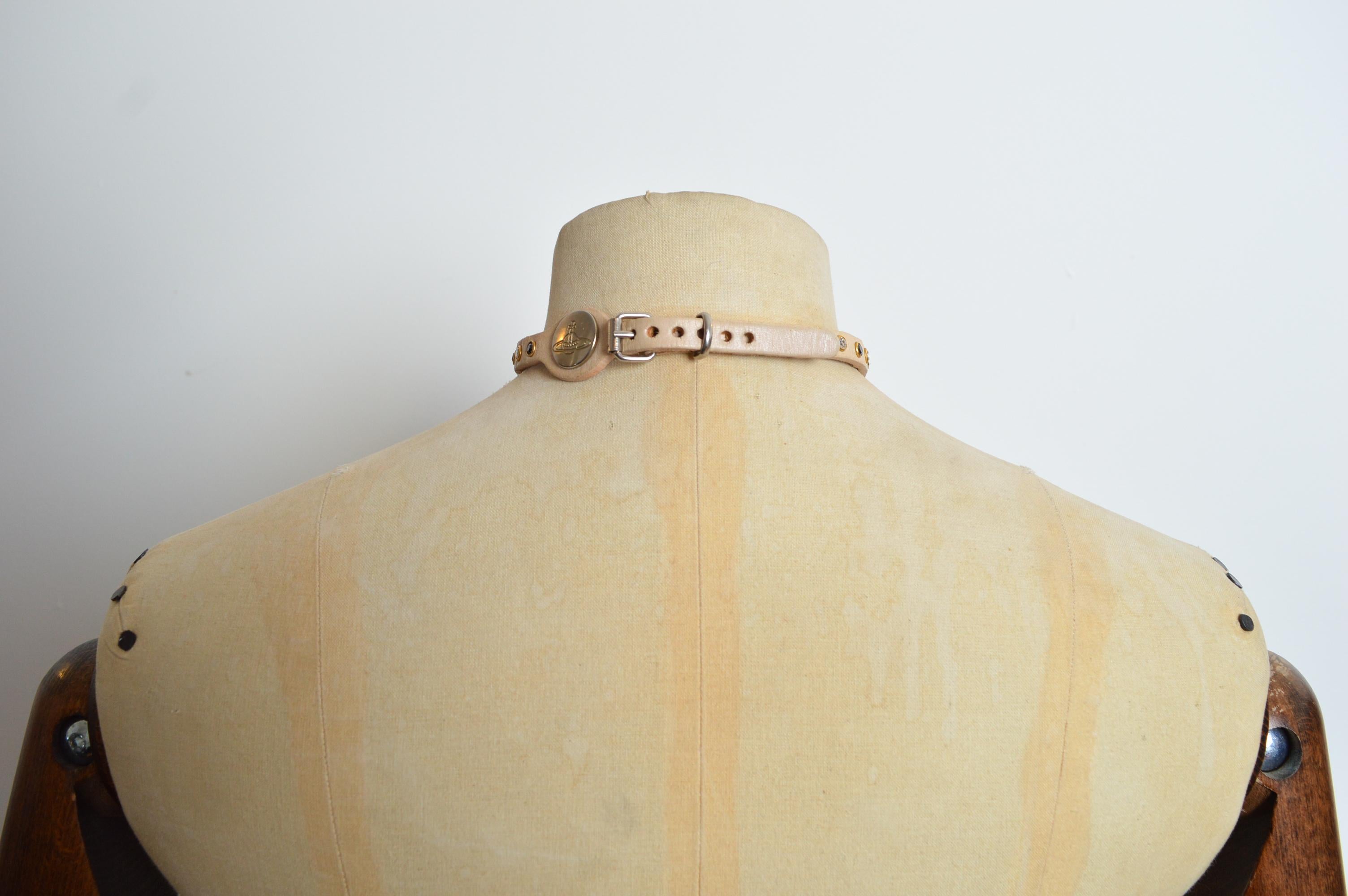 Vintage VIVIENNE WESTWOOD Tan Beige Leather & Swarovski Rhinestone Choker UNISEX 11