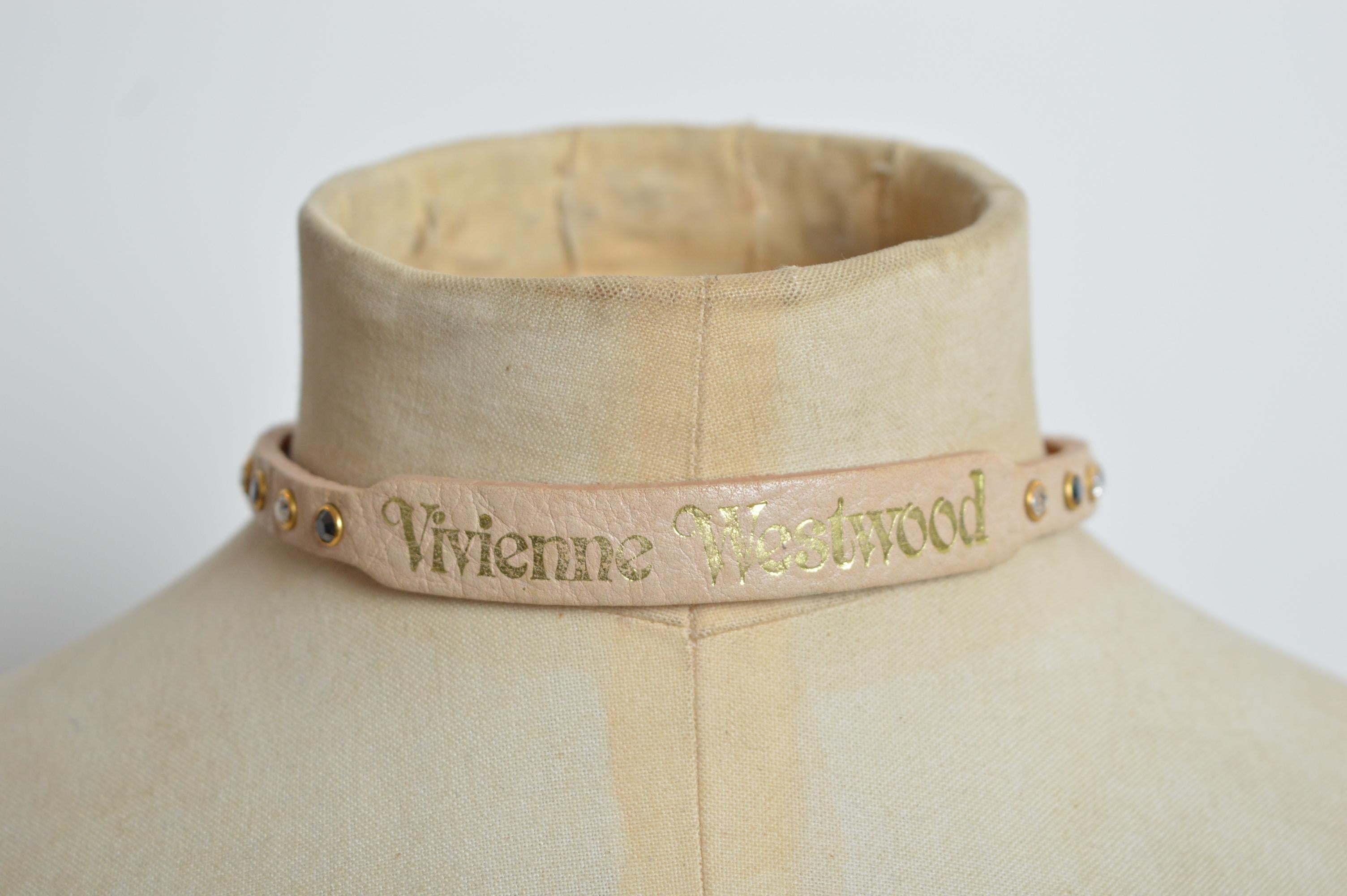 Vintage VIVIENNE WESTWOOD Tan Beige Leather & Swarovski Rhinestone Choker UNISEX In Good Condition In Sheffield, GB