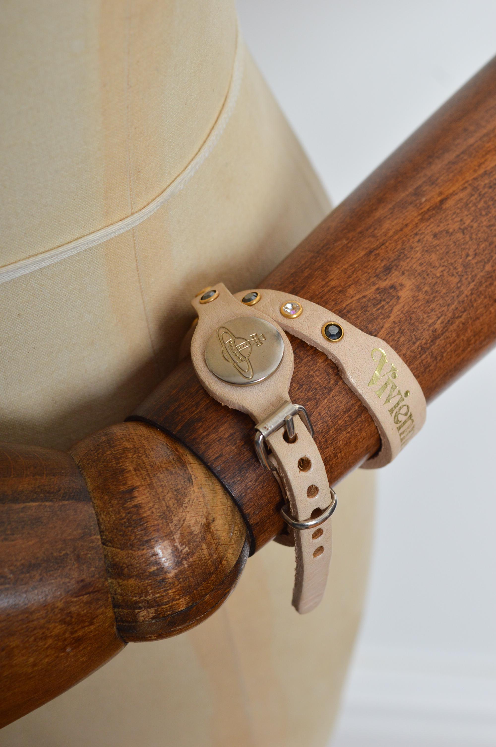 Women's or Men's Vintage VIVIENNE WESTWOOD Tan Beige Leather & Swarovski Rhinestone Choker UNISEX