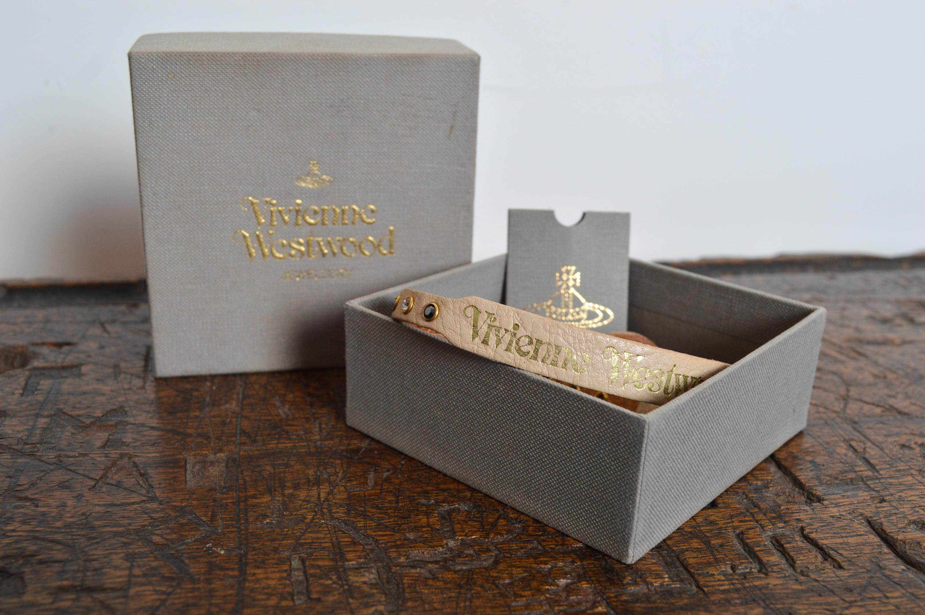 Vintage VIVIENNE WESTWOOD Tan Beige Leather & Swarovski Rhinestone Choker UNISEX 1