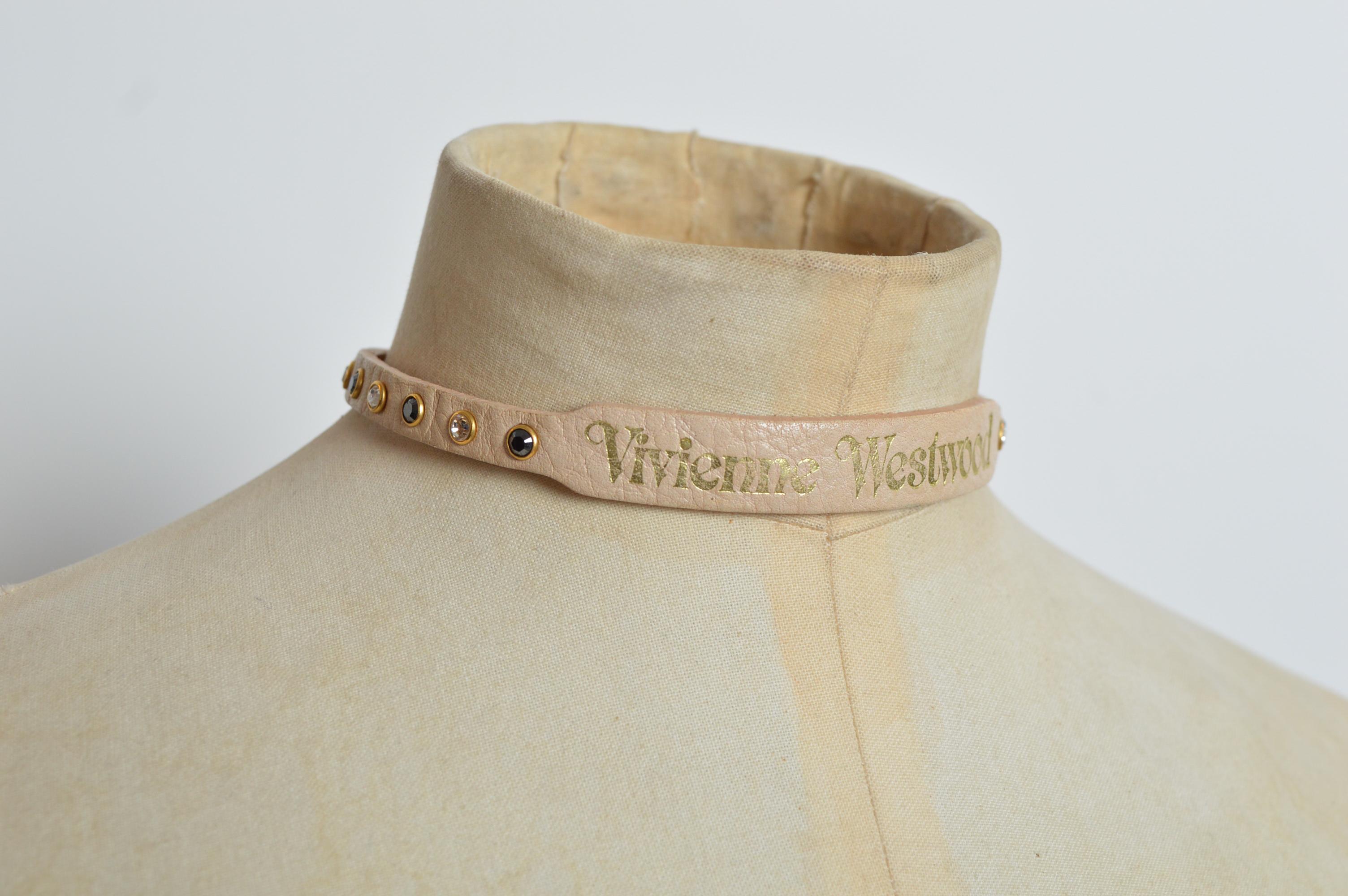 Vintage VIVIENNE WESTWOOD Tan Beige Leather & Swarovski Rhinestone Choker UNISEX 2