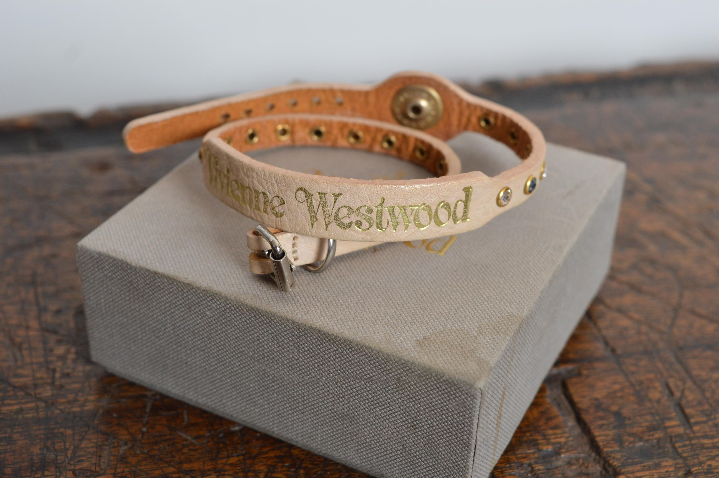 Vintage VIVIENNE WESTWOOD Tan Beige Leather & Swarovski Rhinestone Choker UNISEX 3