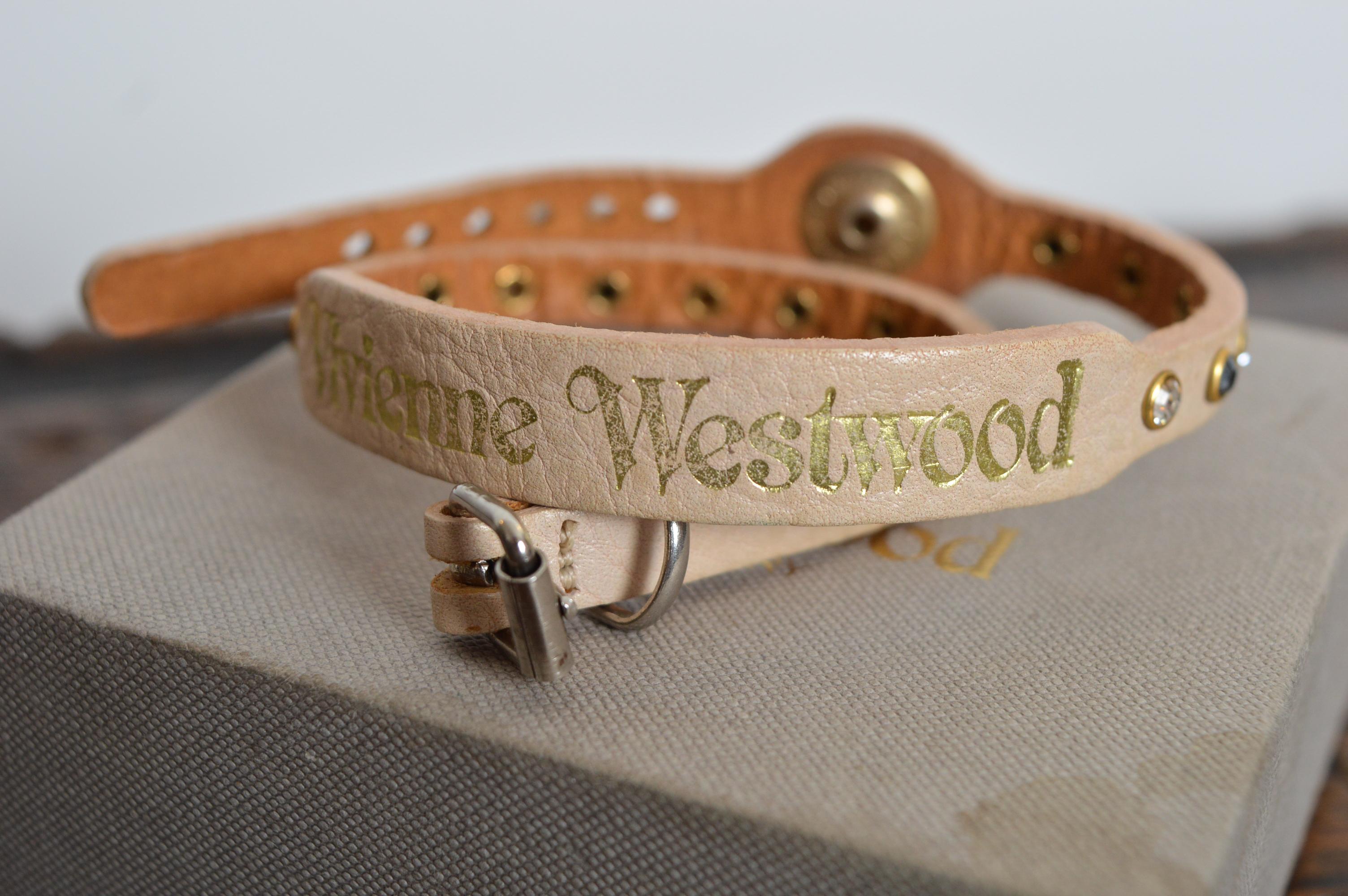 Vintage VIVIENNE WESTWOOD Tan Beige Leather & Swarovski Rhinestone Choker UNISEX 4