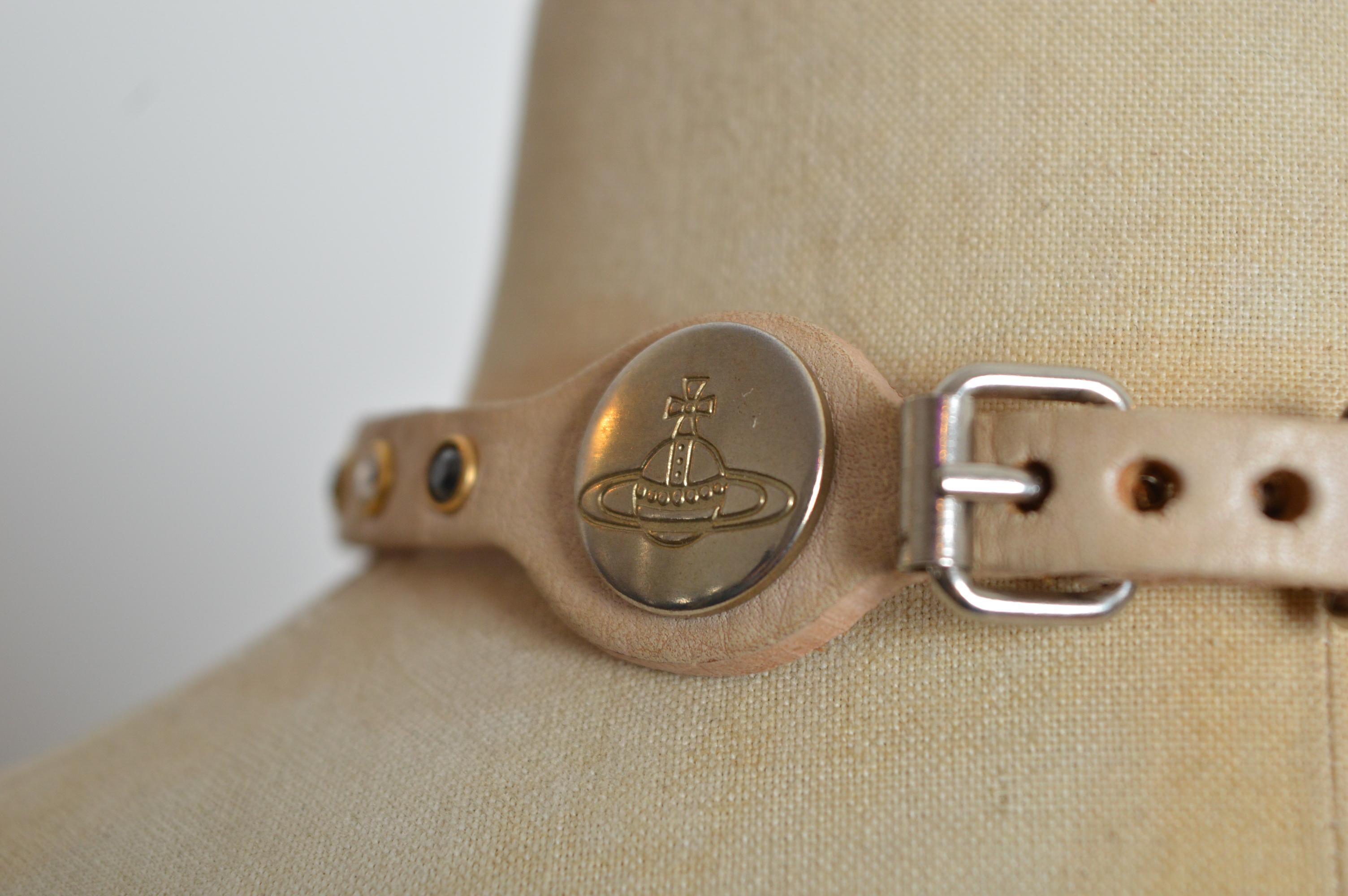 Vintage VIVIENNE WESTWOOD Tan Beige Leather & Swarovski Rhinestone Choker UNISEX 5