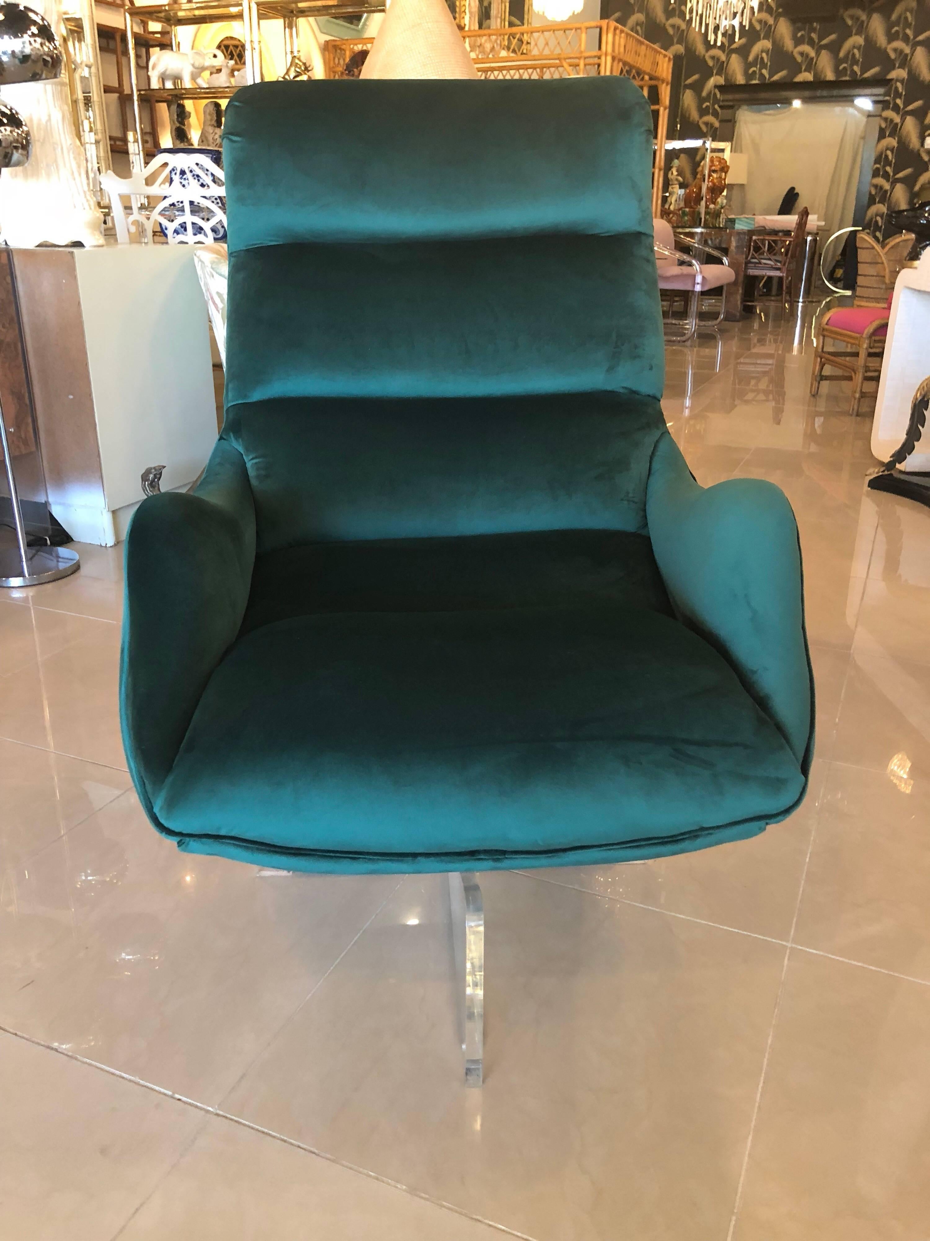American Vintage Vladimir Kagan Lucite Swivel Lounge Chair Green Velvet