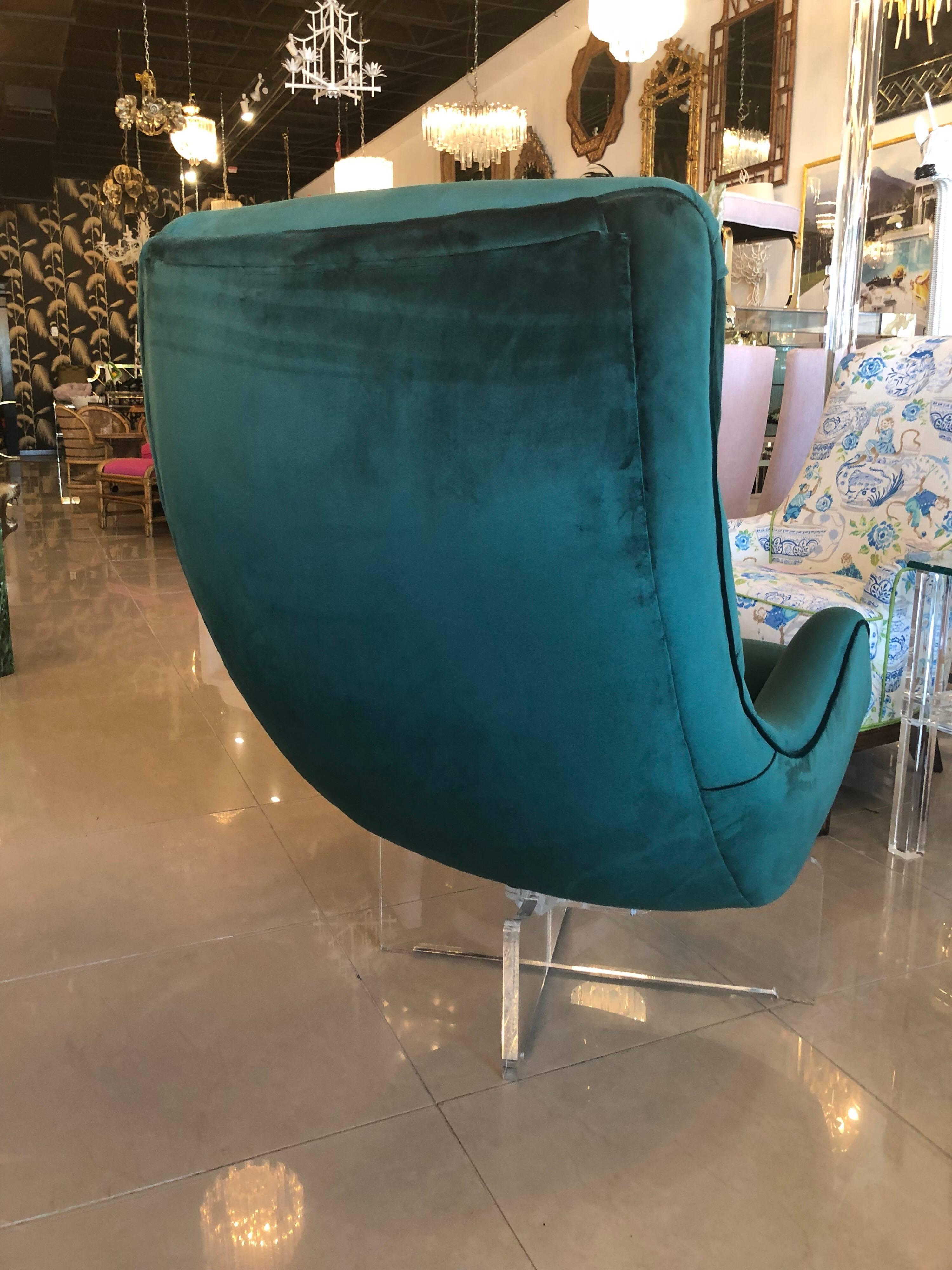 Late 20th Century Vintage Vladimir Kagan Lucite Swivel Lounge Chair Green Velvet