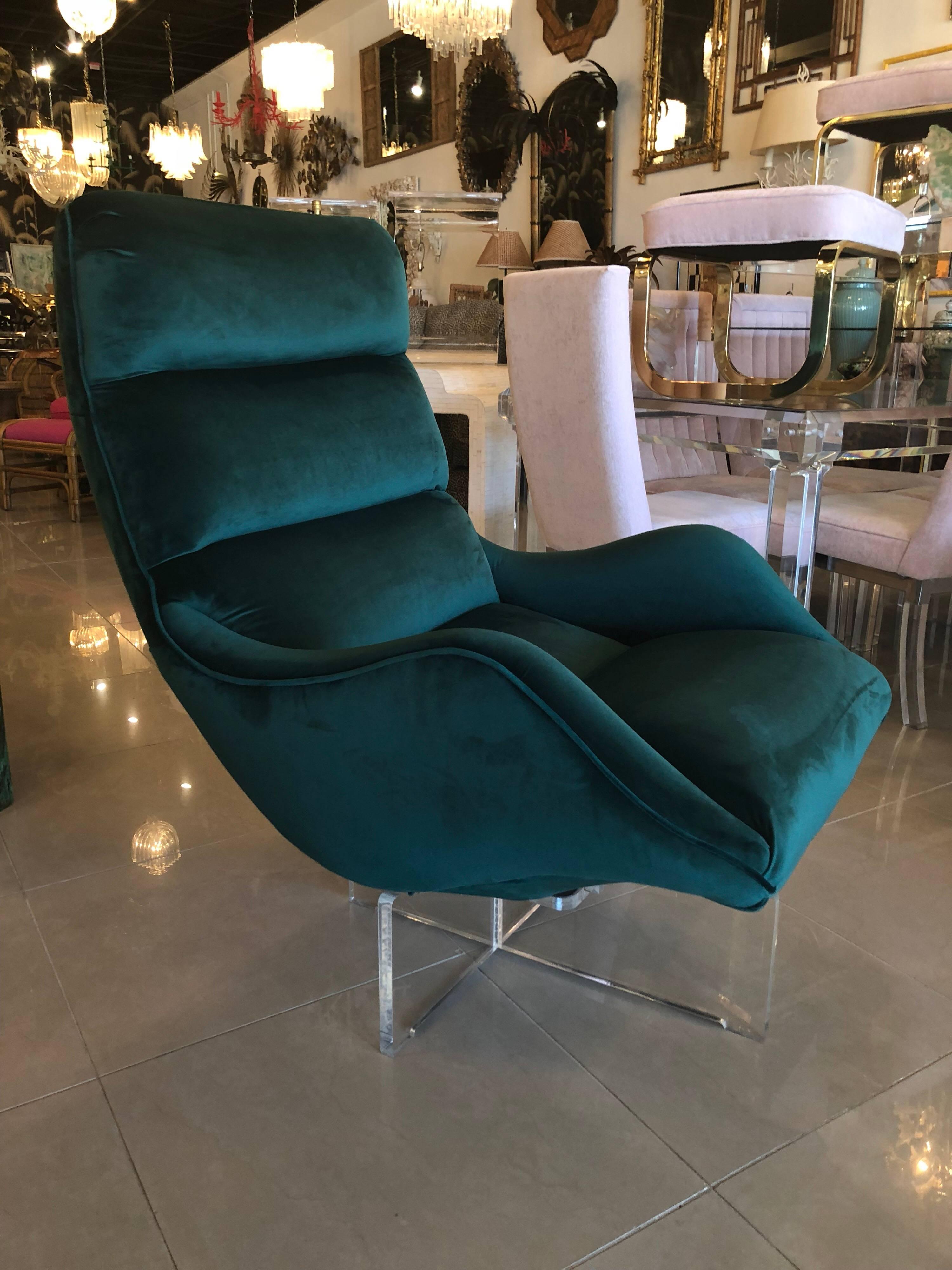 Upholstery Vintage Vladimir Kagan Lucite Swivel Lounge Chair Green Velvet
