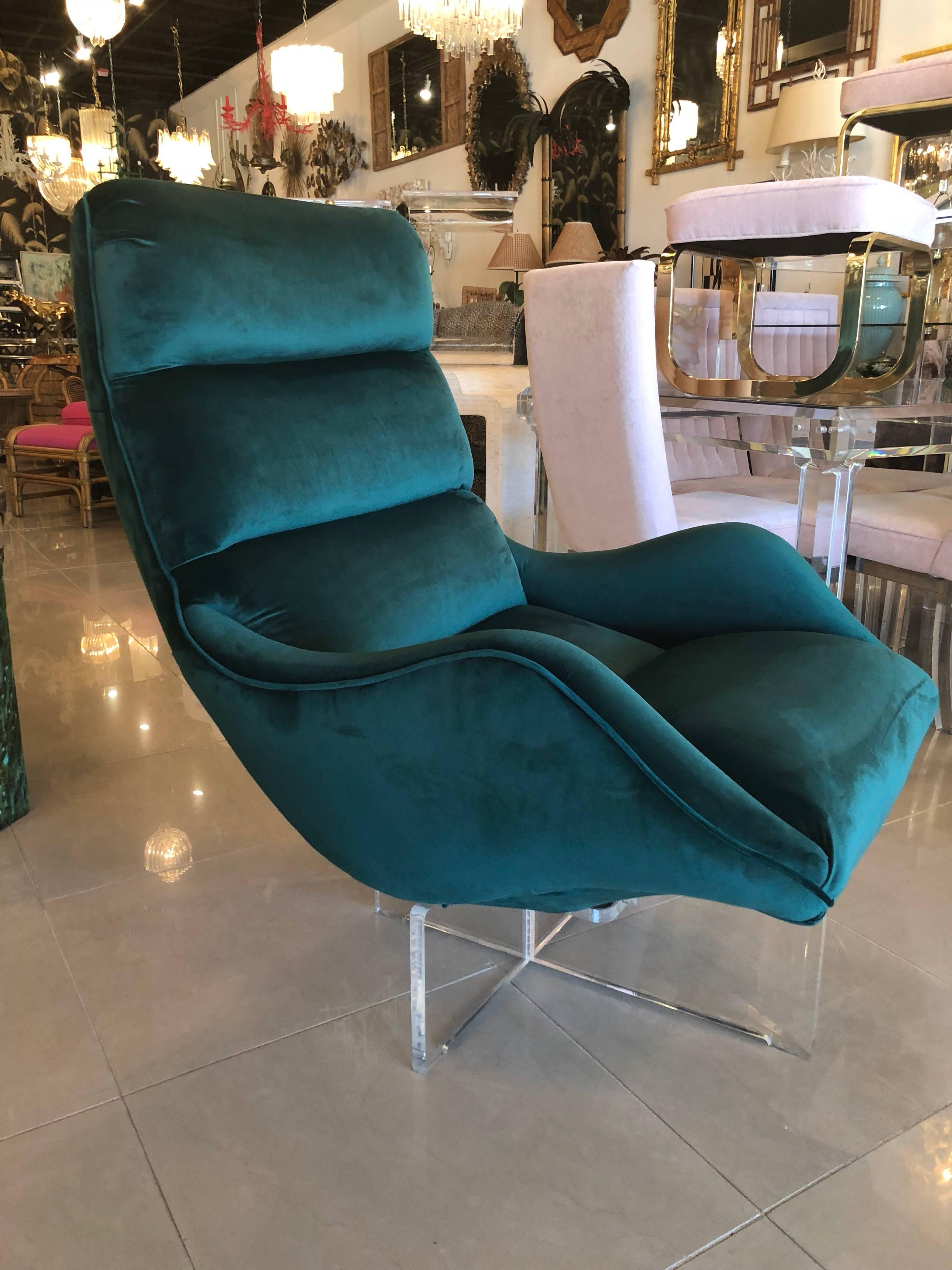 Vintage Vladimir Kagan Lucite Swivel Lounge Chair Green Velvet 1