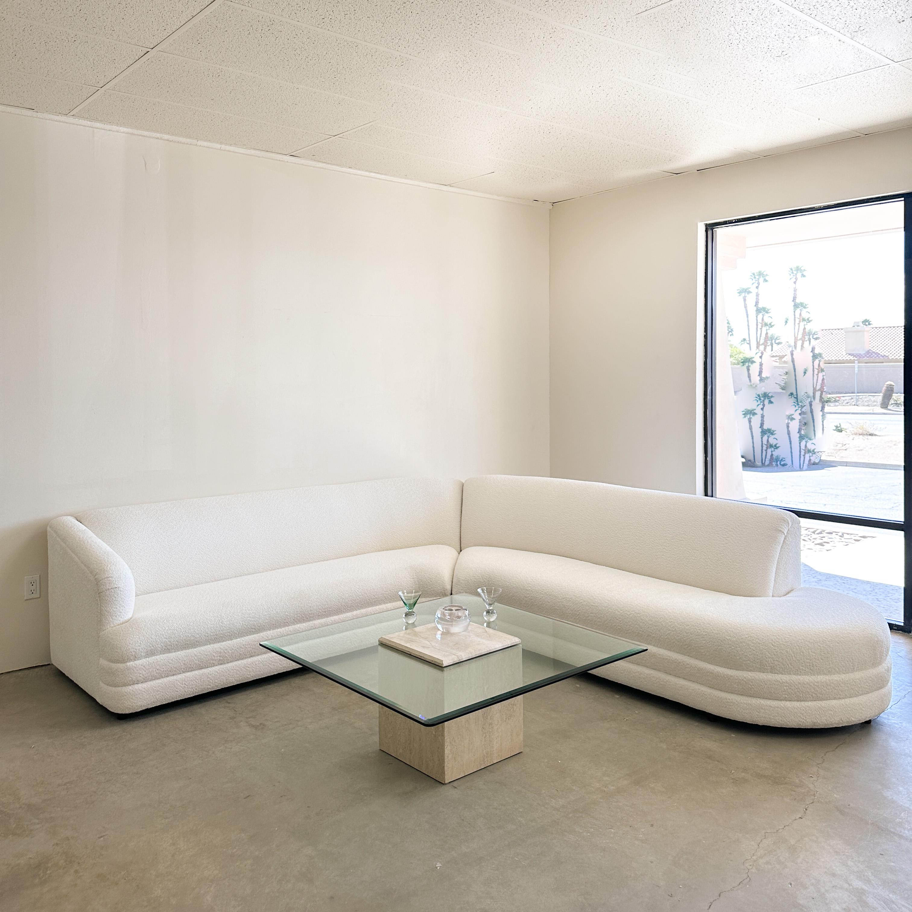 Vintage Vladimir Kagan sectional sofa Modular sofa Postmodern MCM Minimalist Retro 1970s-1980s

The sofa comes in 2 sections. Newly Upholstered with an off-white boucle. 
The fabric has great texture. 

Color: Off White

Condition:
The sofa