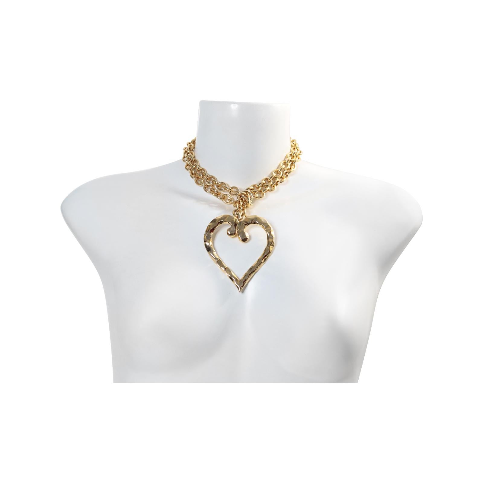 Women's or Men's Vintage Vo Gold Tone Link Necklace With Large Heart Circa 1980s For Sale
