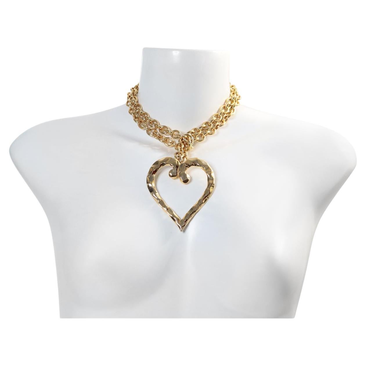Vintage Vo Gold Tone Link Necklace With Large Heart Circa 1980s For Sale