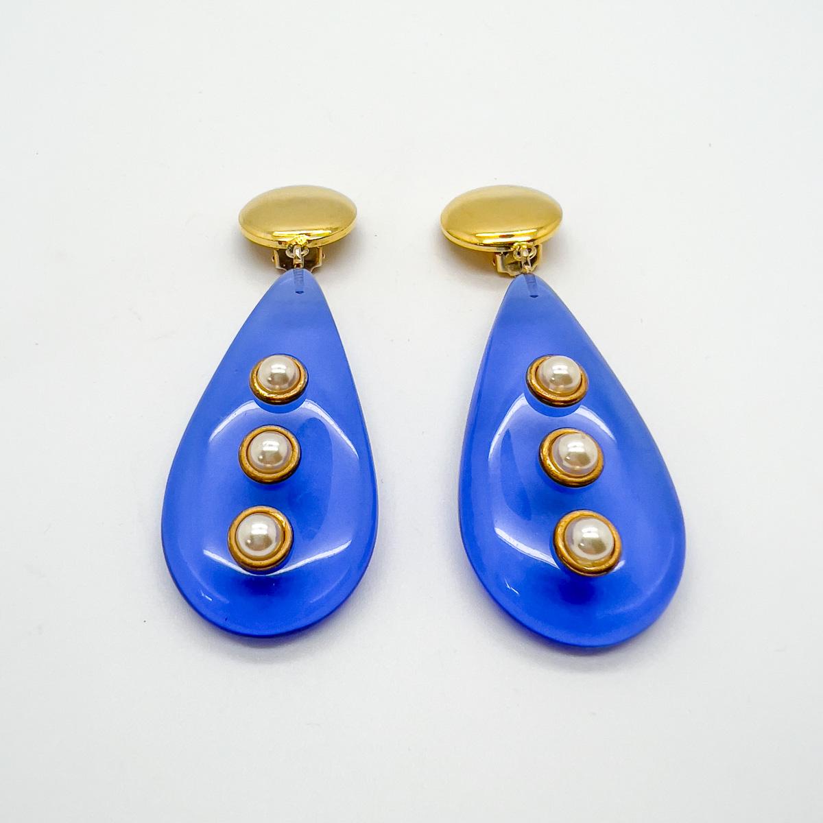 Vintage Vogue Bijoux Blaue Tropfen- und Perlen-Ohrringe 1970er Jahre Damen im Angebot