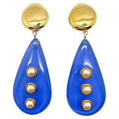 Vintage Vogue Bijoux Blue Teardrop & Pearl Earrings 1970s