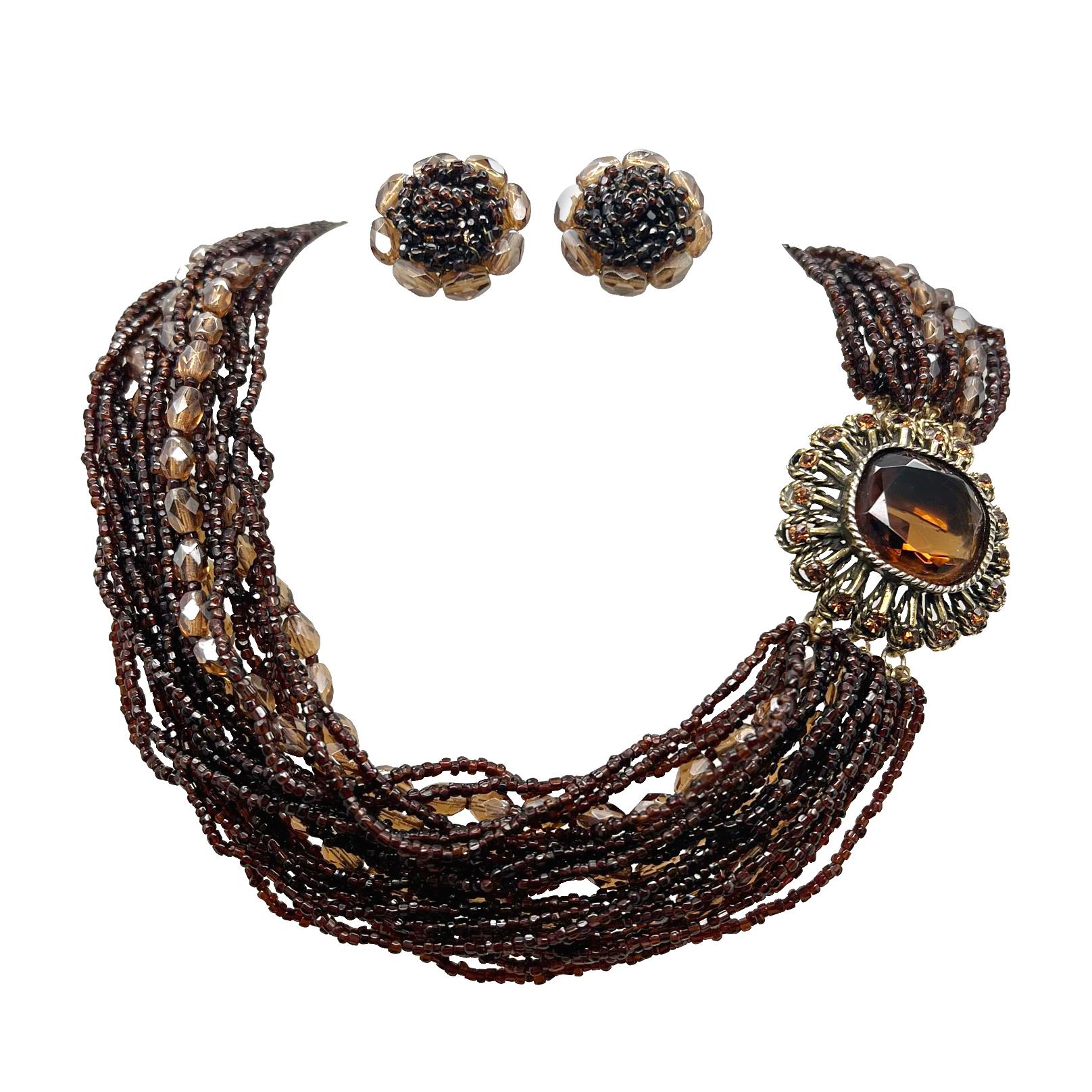 Vintage Vogue Chocolate Crystal Torsade Necklace & Earrings 1950s In Good Condition For Sale In Wilmslow, GB