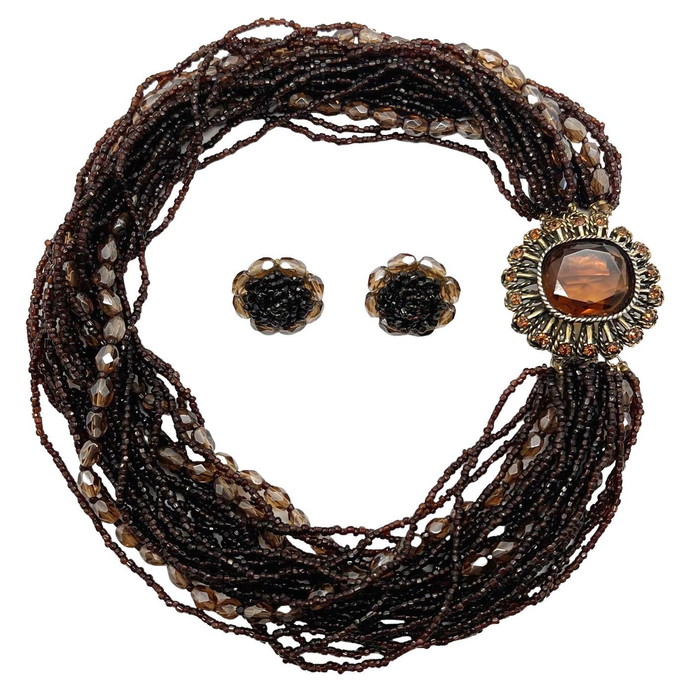 Vintage Vogue Chocolate Crystal Torsade Necklace & Earrings 1950s