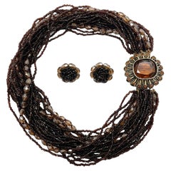 Retro Vogue Chocolate Crystal Torsade Necklace & Earrings 1950s