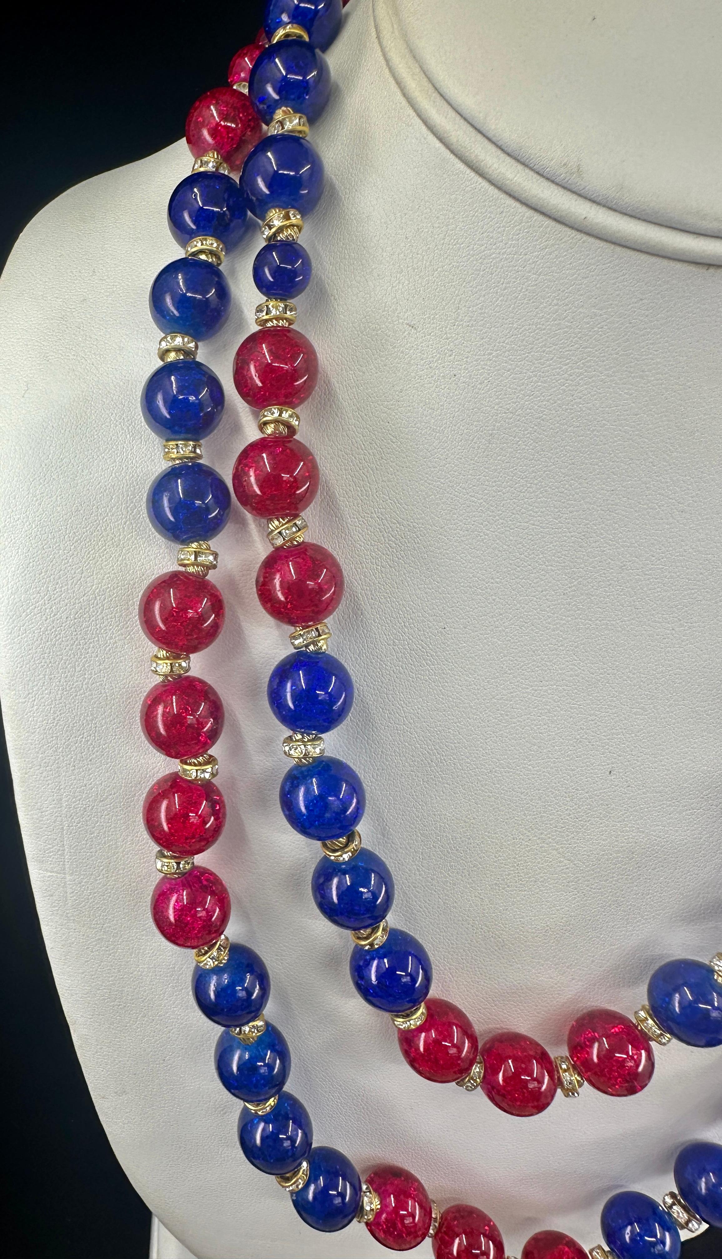 Vintage Vogue Gripoix Glass Multistrand Necklace 1950s Red Blue Crackle Glass For Sale 5