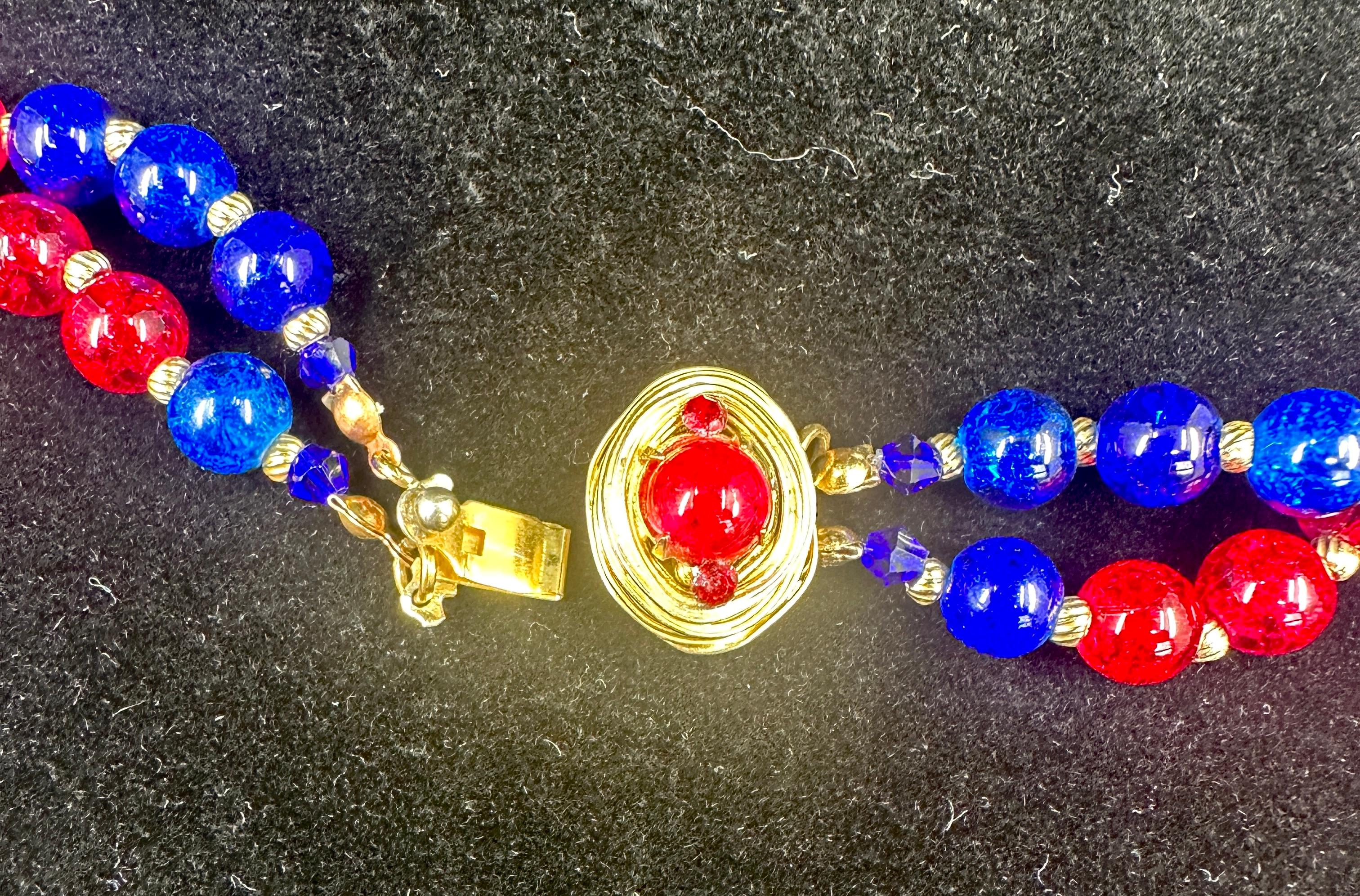 Vintage Vogue Gripoix Glass Multistrand Necklace 1950s Red Blue Crackle Glass For Sale 6