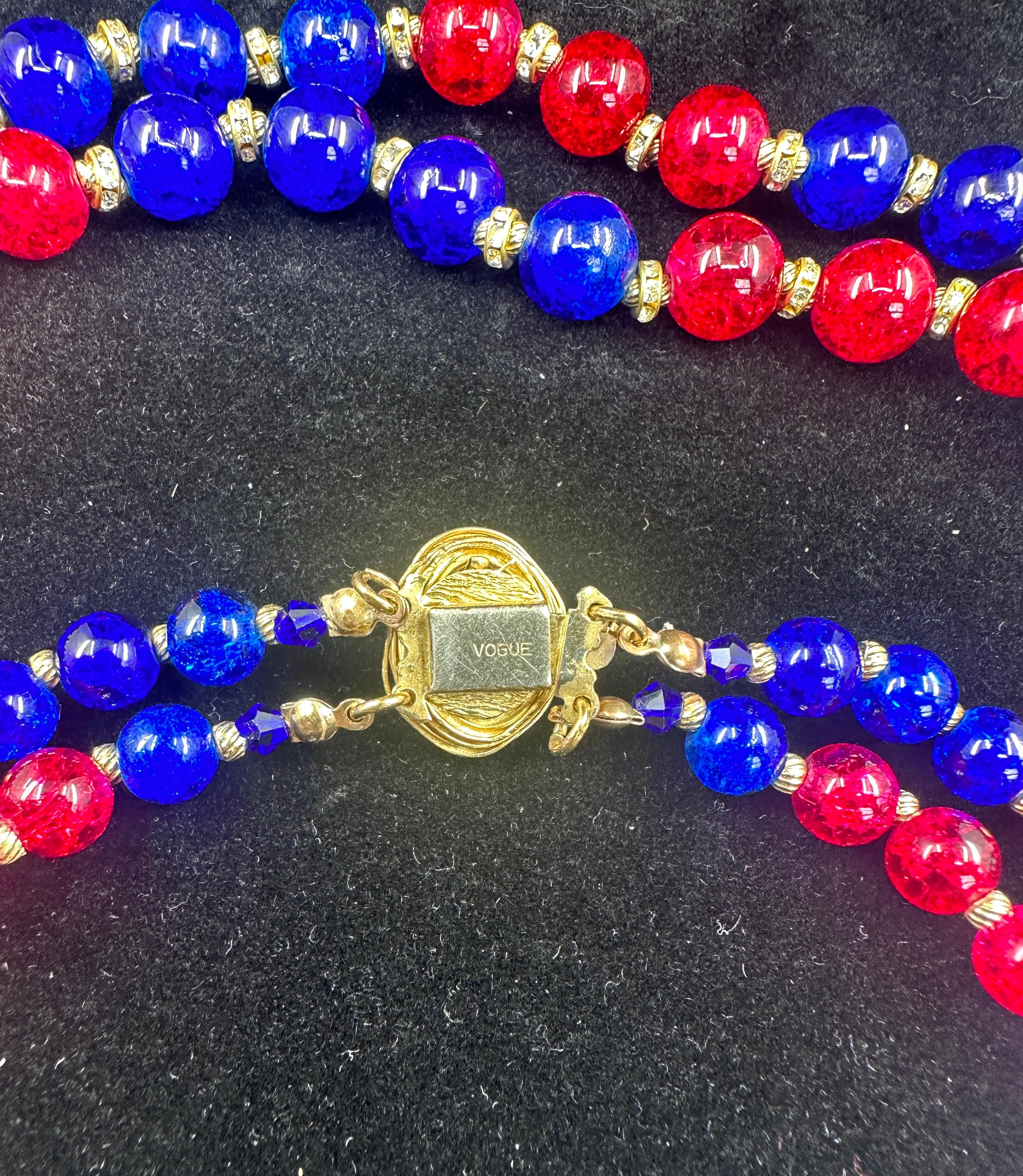 Vintage Vogue Gripoix Glass Multistrand Necklace 1950s Red Blue Crackle Glass For Sale 7
