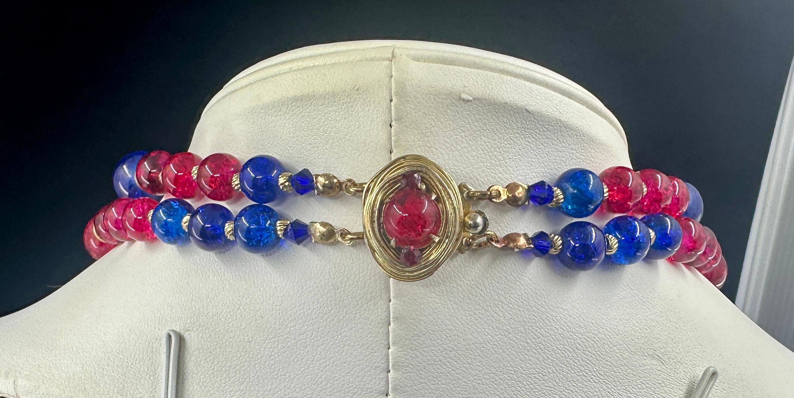 Vintage Vogue Gripoix Glass Multistrand Necklace 1950s Red Blue Crackle Glass For Sale 8
