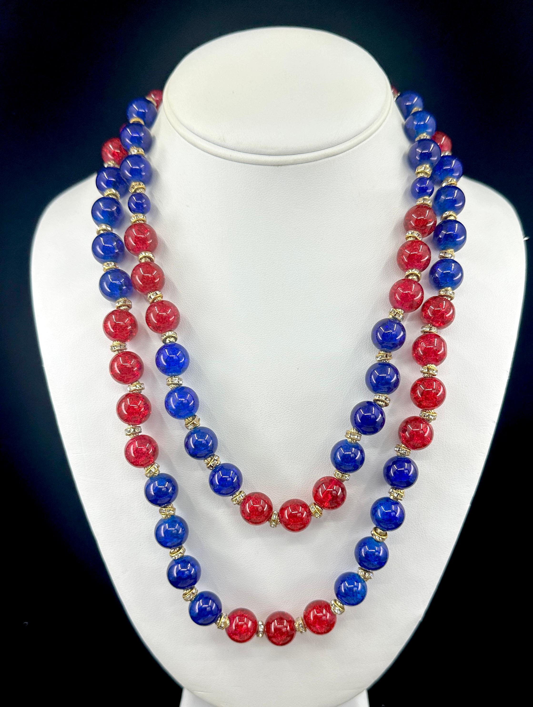 Contemporary Vintage Vogue Gripoix Glass Multistrand Necklace 1950s Red Blue Crackle Glass For Sale