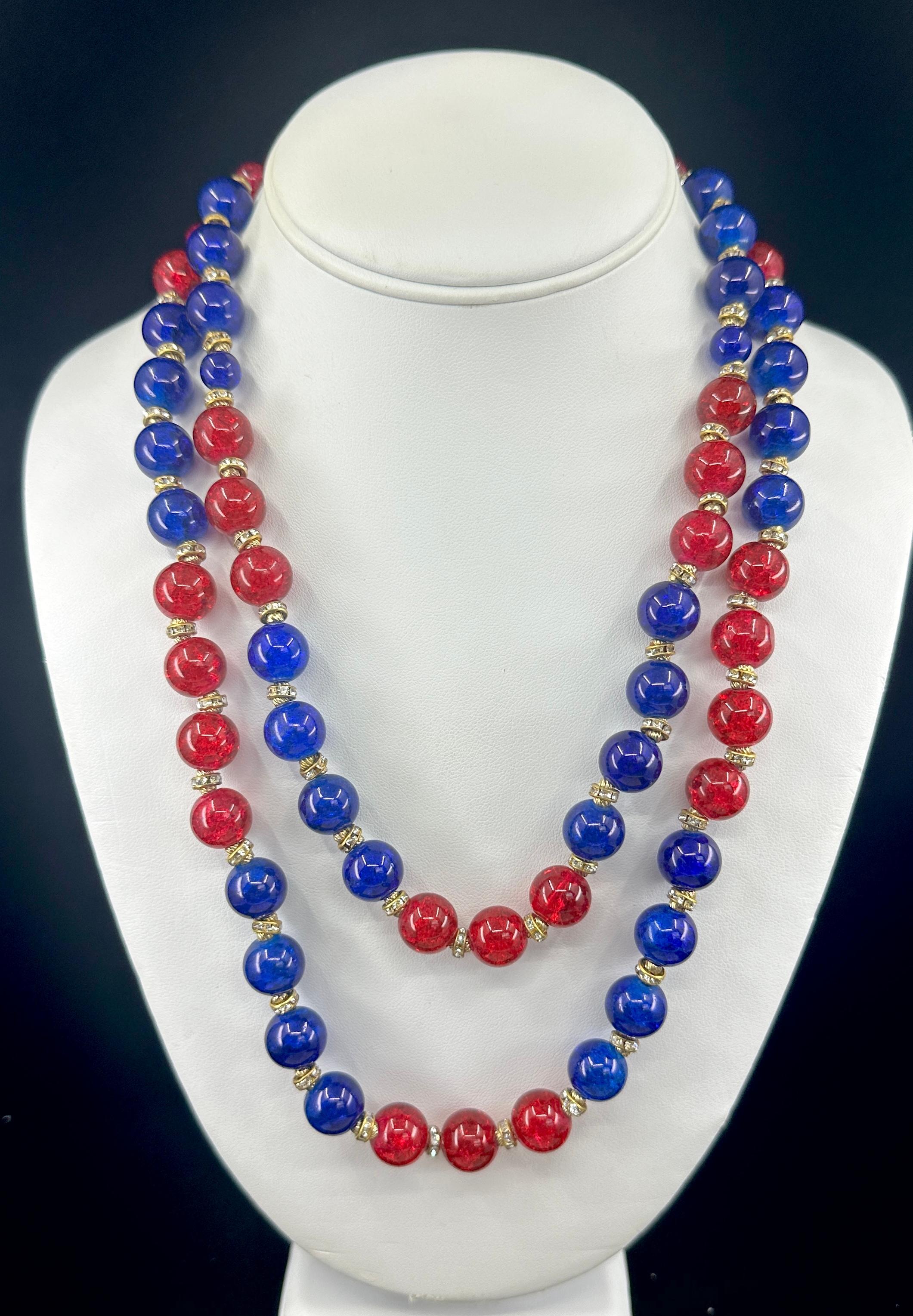 Women's Vintage Vogue Gripoix Glass Multistrand Necklace 1950s Red Blue Crackle Glass For Sale