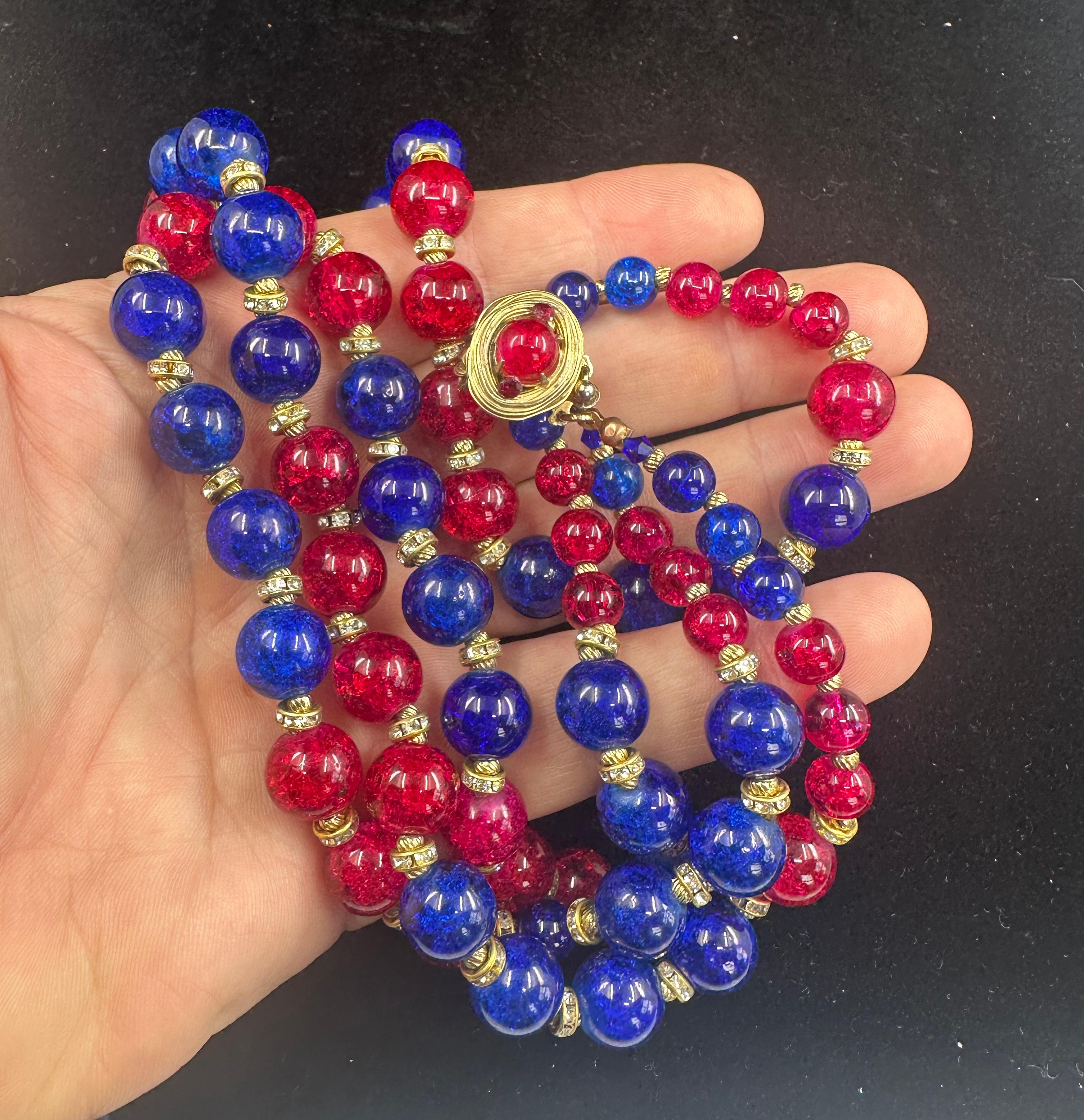 Vintage Vogue Gripoix Glass Multistrand Necklace 1950s Red Blue Crackle Glass For Sale 1