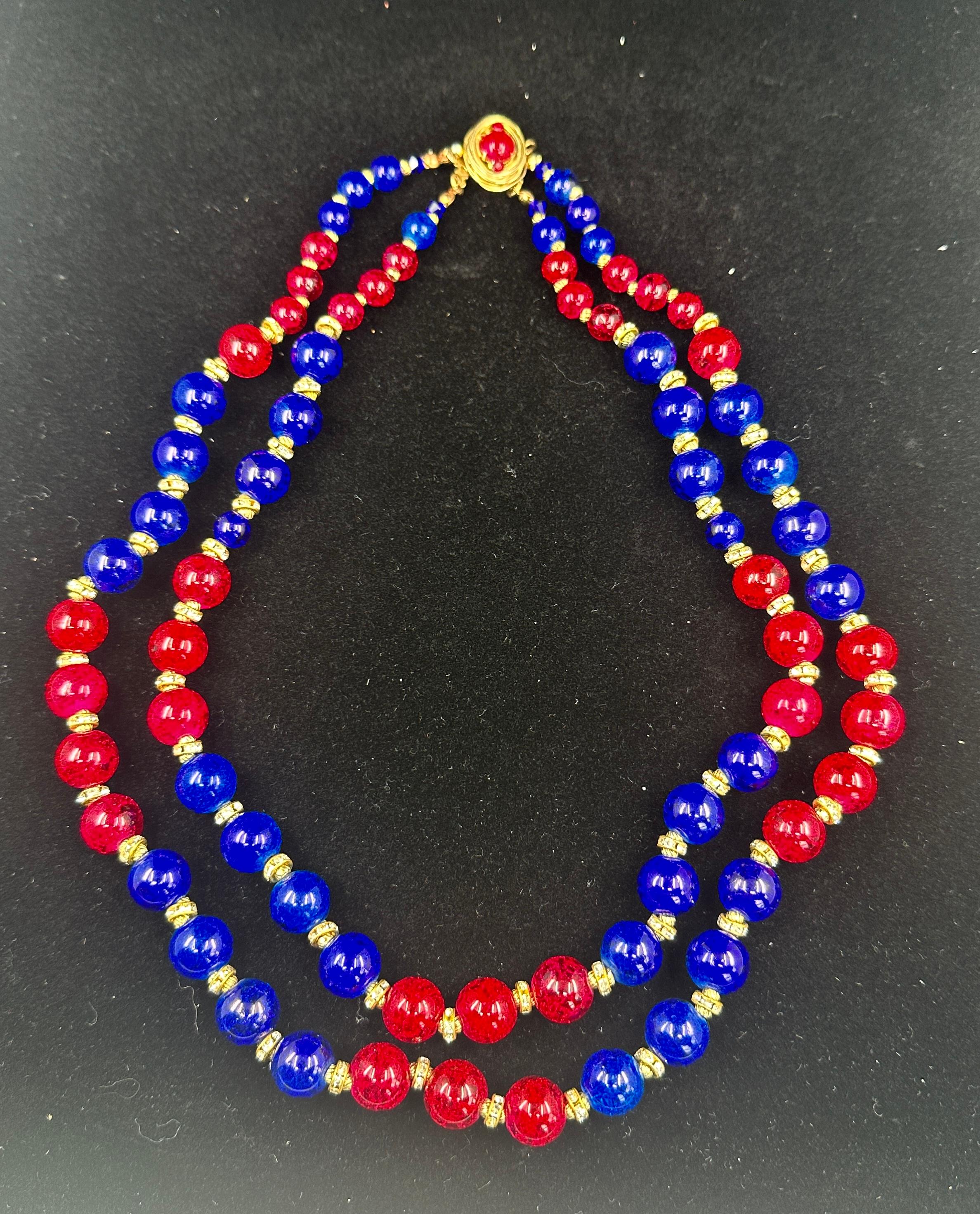 Vintage Vogue Gripoix Glass Multistrand Necklace 1950s Red Blue Crackle Glass For Sale 3