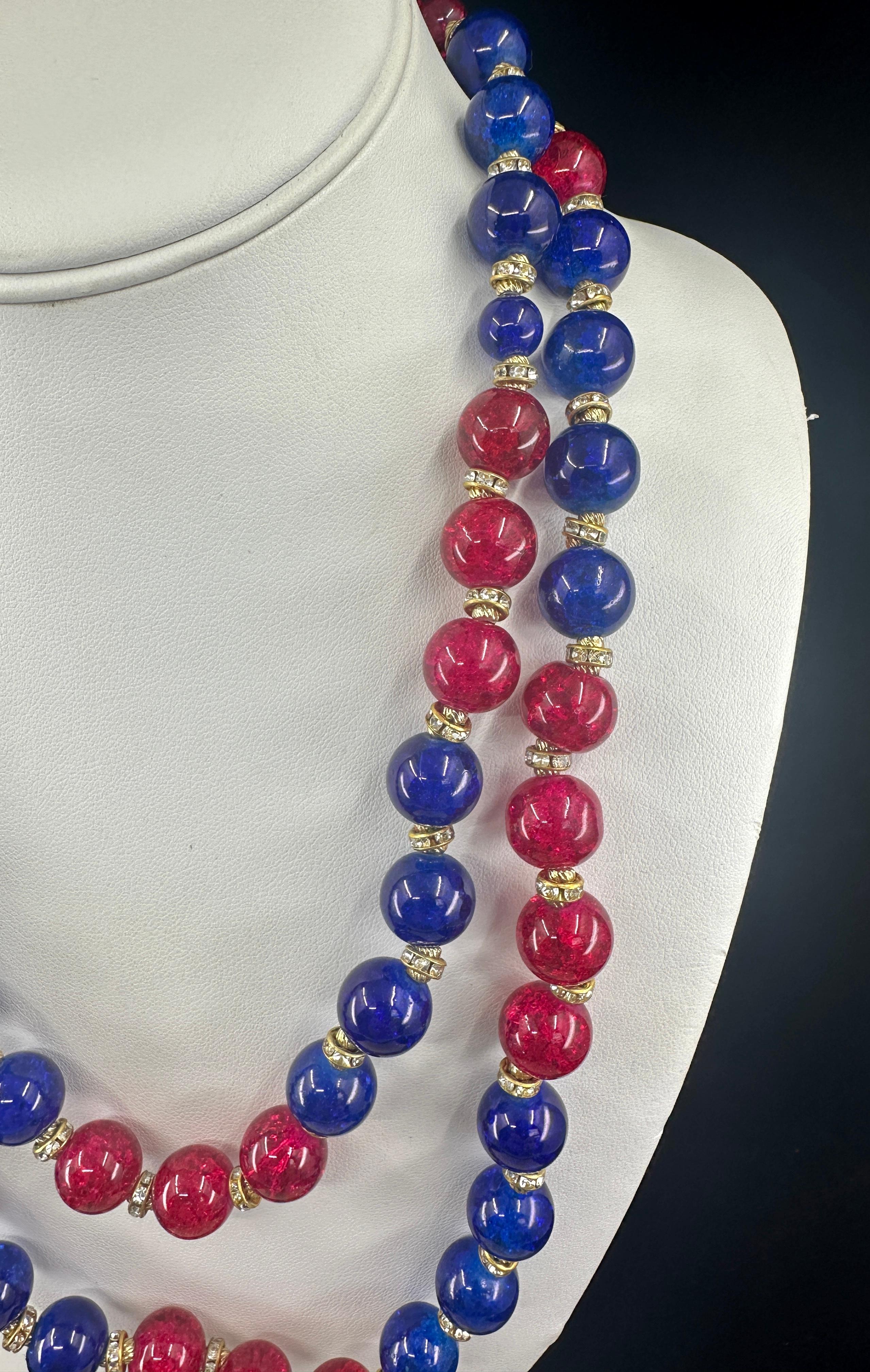 Vintage Vogue Gripoix Glass Multistrand Necklace 1950s Red Blue Crackle Glass For Sale 4