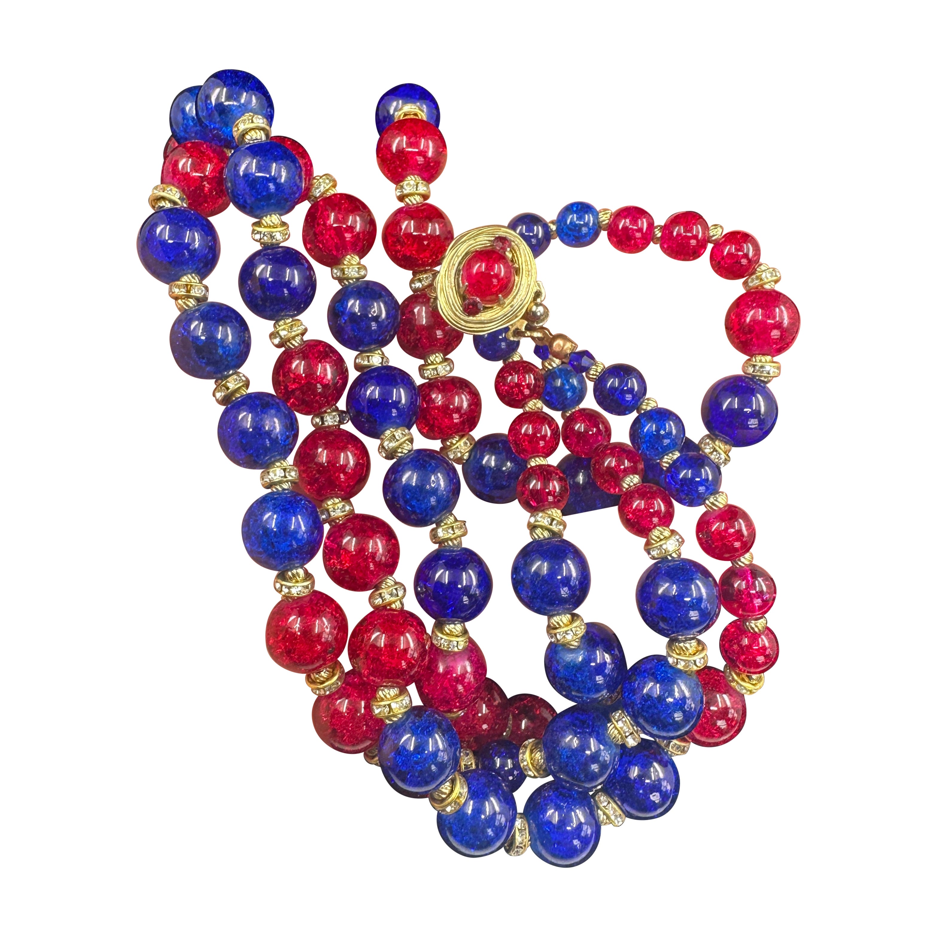 Vintage Vogue Gripoix Glass Multistrand Necklace 1950s Red Blue Crackle Glass For Sale
