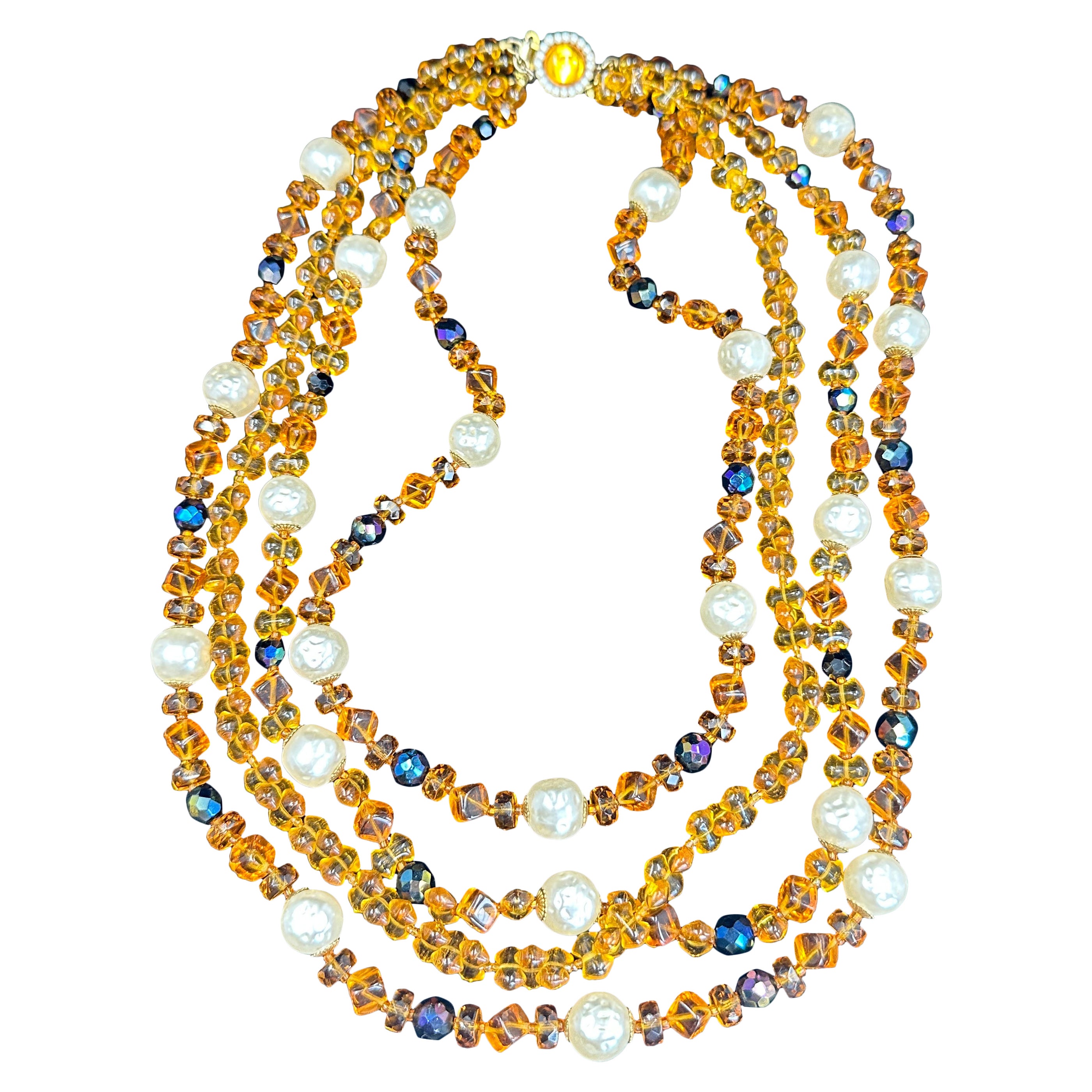 Vintage Vogue Runway Multistrand Halskette 1950s Faux Barock Perle Citrin Onyx im Angebot