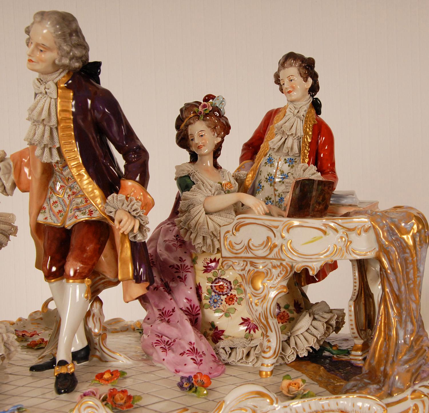 Vintage Volkstedt Dresden German Porcelain Figural Group Lace Porcelain Figurine For Sale at