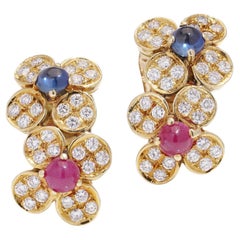 Vintage Vourakis 18kt Gold Flower Clip-On Earrings with gemstones 