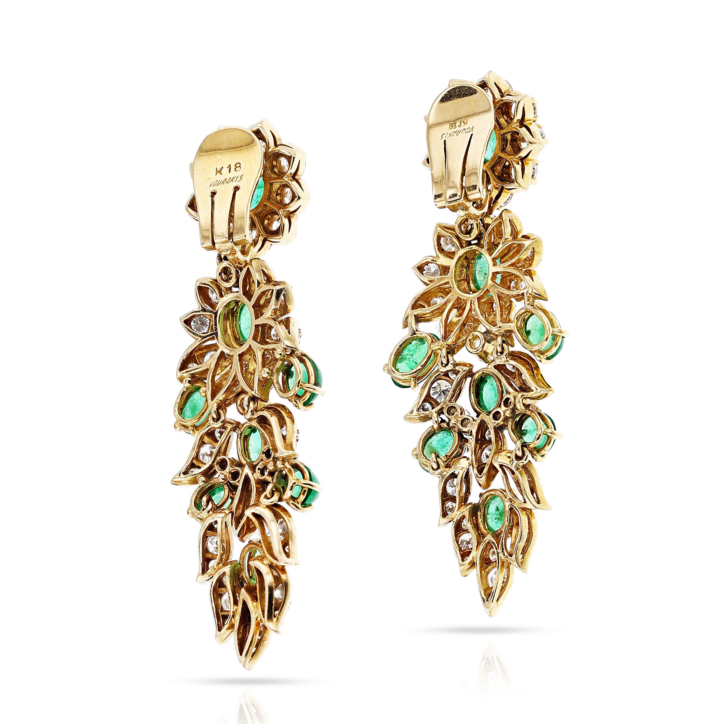 Cabochon Vintage Vourakis Emerald and Diamond 18K Yellow Gold Dangle Earrings For Sale