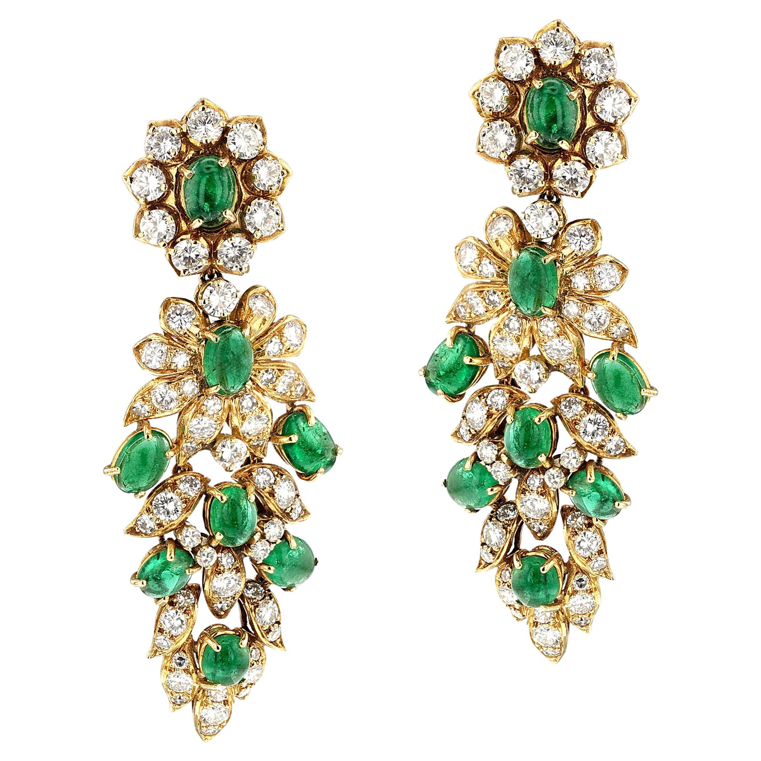 Vintage Vourakis Emerald and Diamond 18K Yellow Gold Dangle Earrings For Sale
