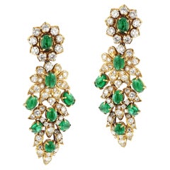 Vintage Vourakis Emerald and Diamond 18K Yellow Gold Dangle Earrings
