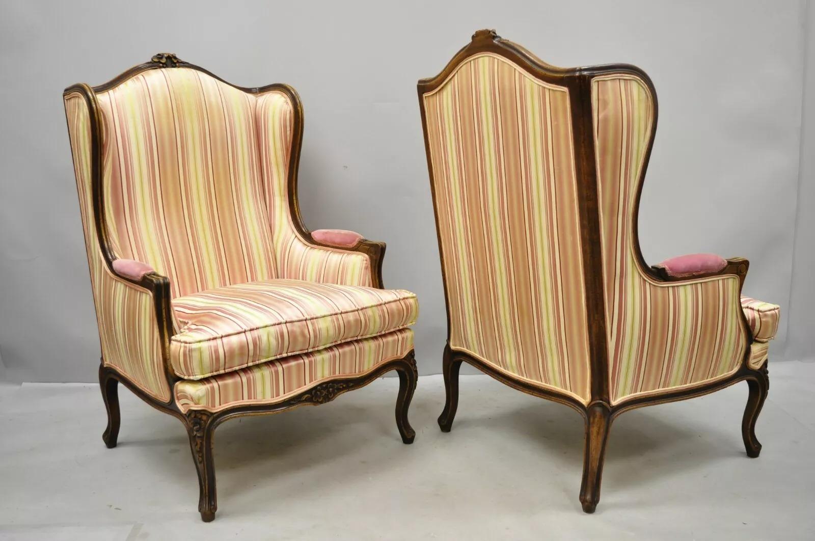 Vintage W & J Sloane French Louis XV Style Wingback Lounge Arm Chairs - a Pair For Sale 4