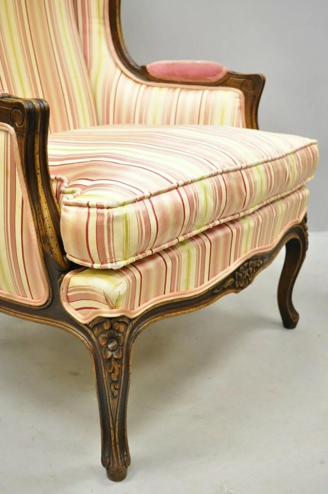 Vintage W & J Sloane French Louis XV Style Wingback Lounge Arm Chairs - a Pair For Sale 5