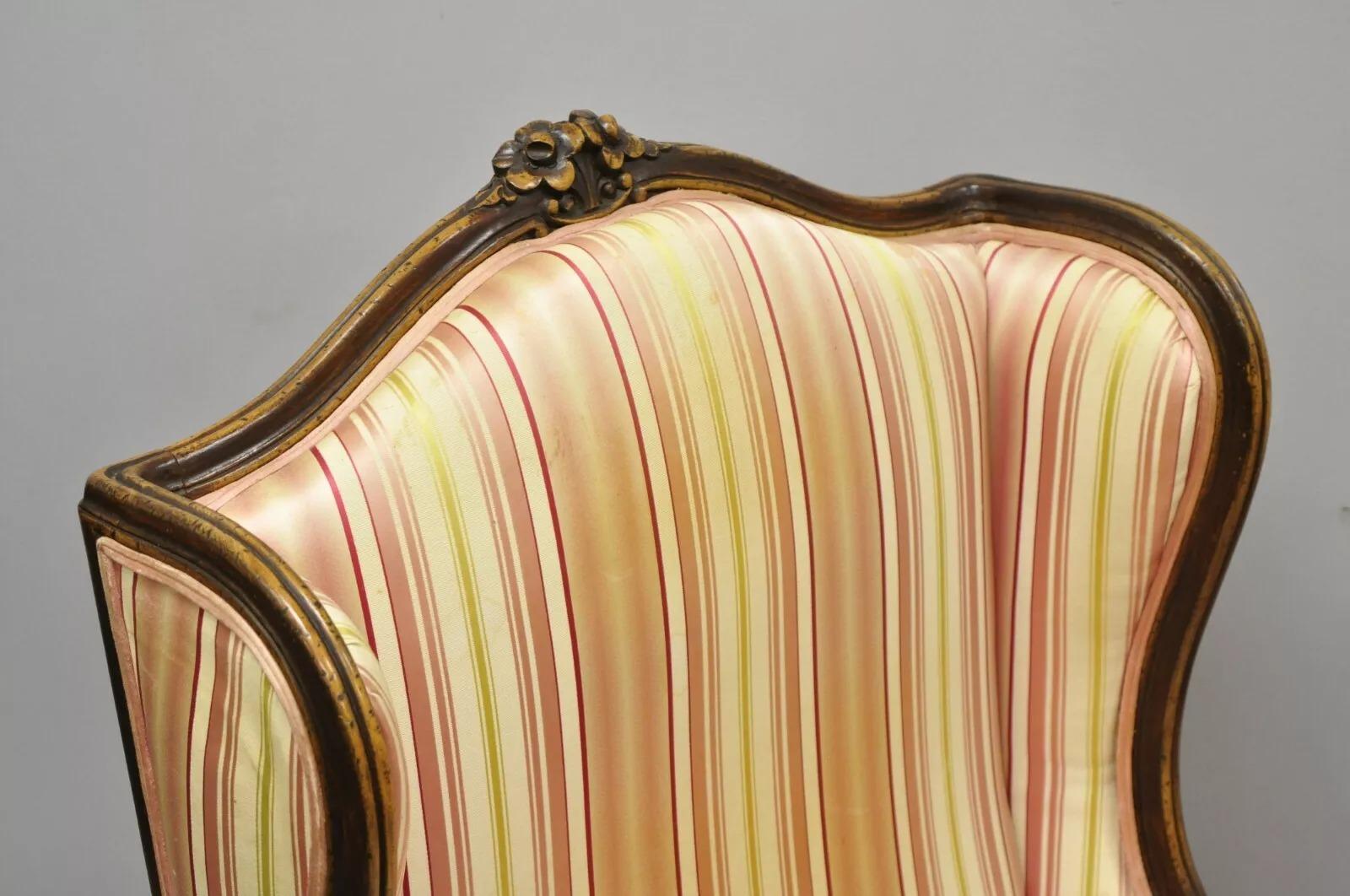 Vintage W & J Sloane French Louis XV Style Wingback Lounge Arm Chairs - a Pair In Good Condition For Sale In Philadelphia, PA