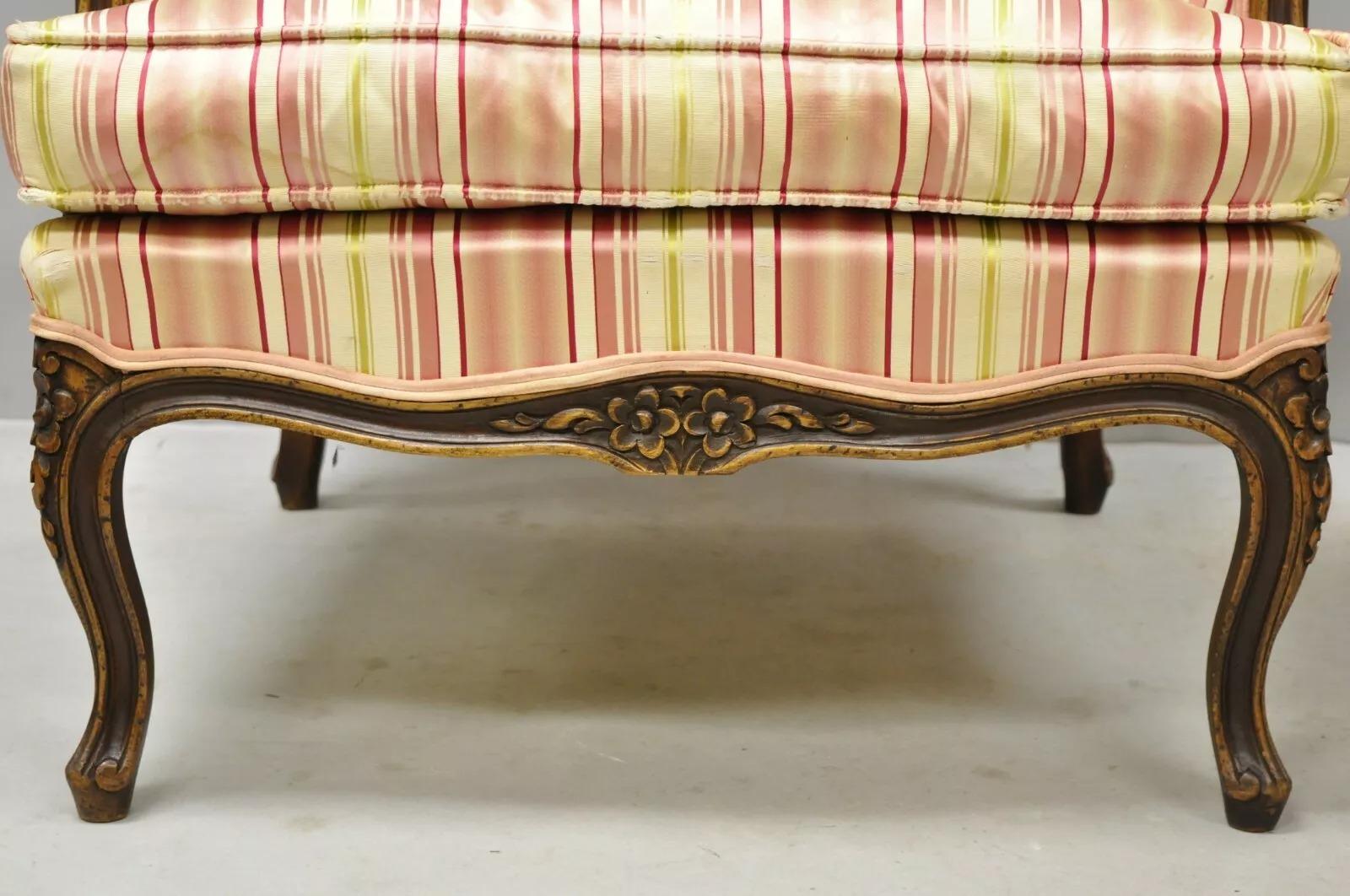20th Century Vintage W & J Sloane French Louis XV Style Wingback Lounge Arm Chairs - a Pair For Sale