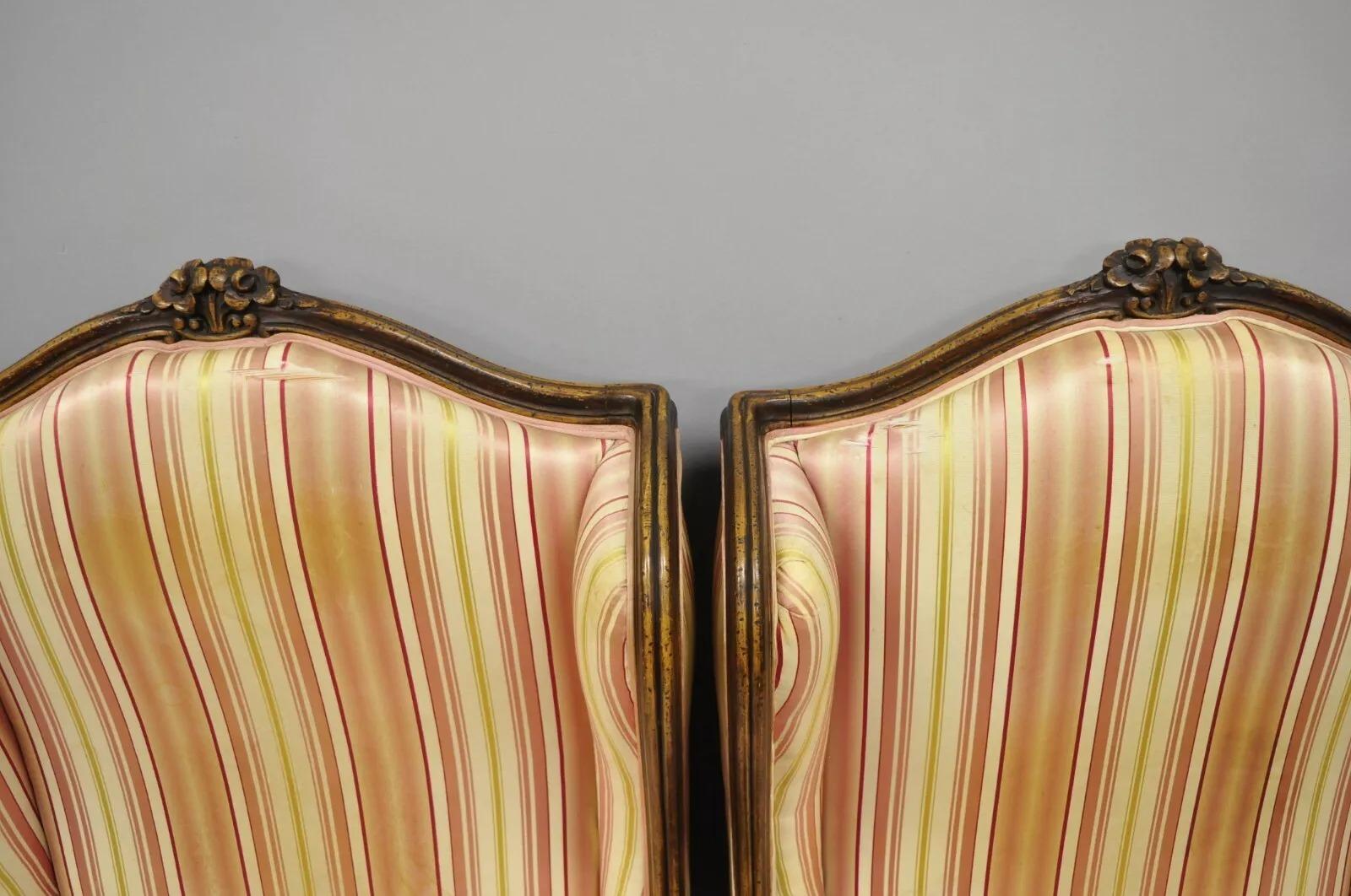 Fabric Vintage W & J Sloane French Louis XV Style Wingback Lounge Arm Chairs - a Pair For Sale