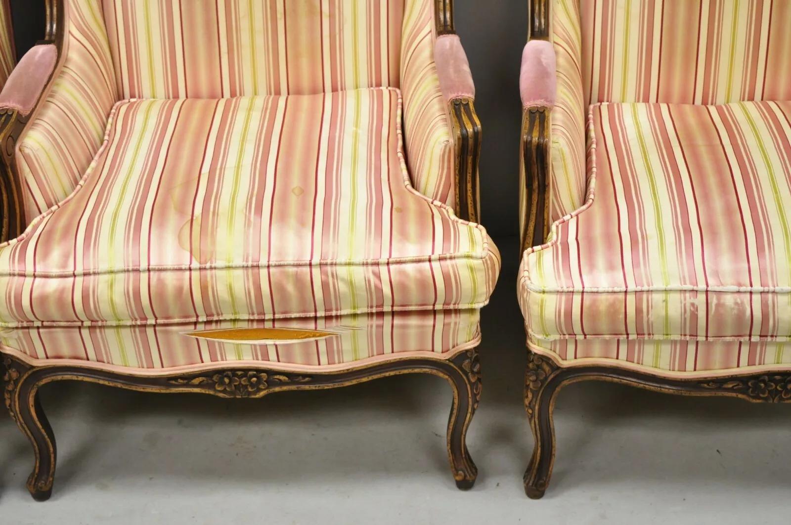 Vintage W & J Sloane French Louis XV Style Wingback Lounge Arm Chairs - a Pair For Sale 2