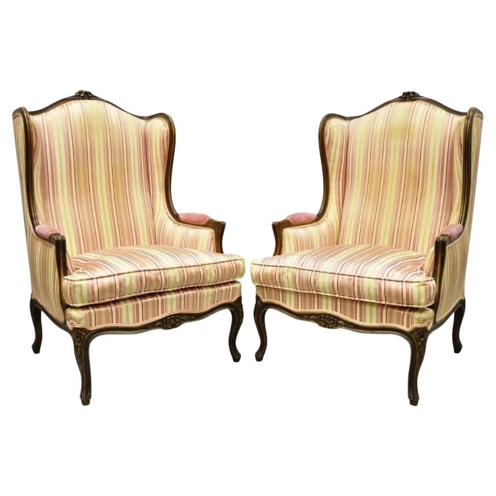 Vintage W & J Sloane French Louis XV Style Wingback Lounge Arm Chairs - a Pair For Sale